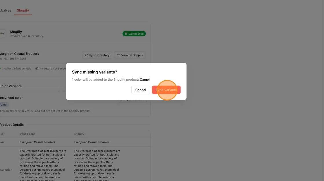 A confirmation dialog appears: "Sync missing variants?