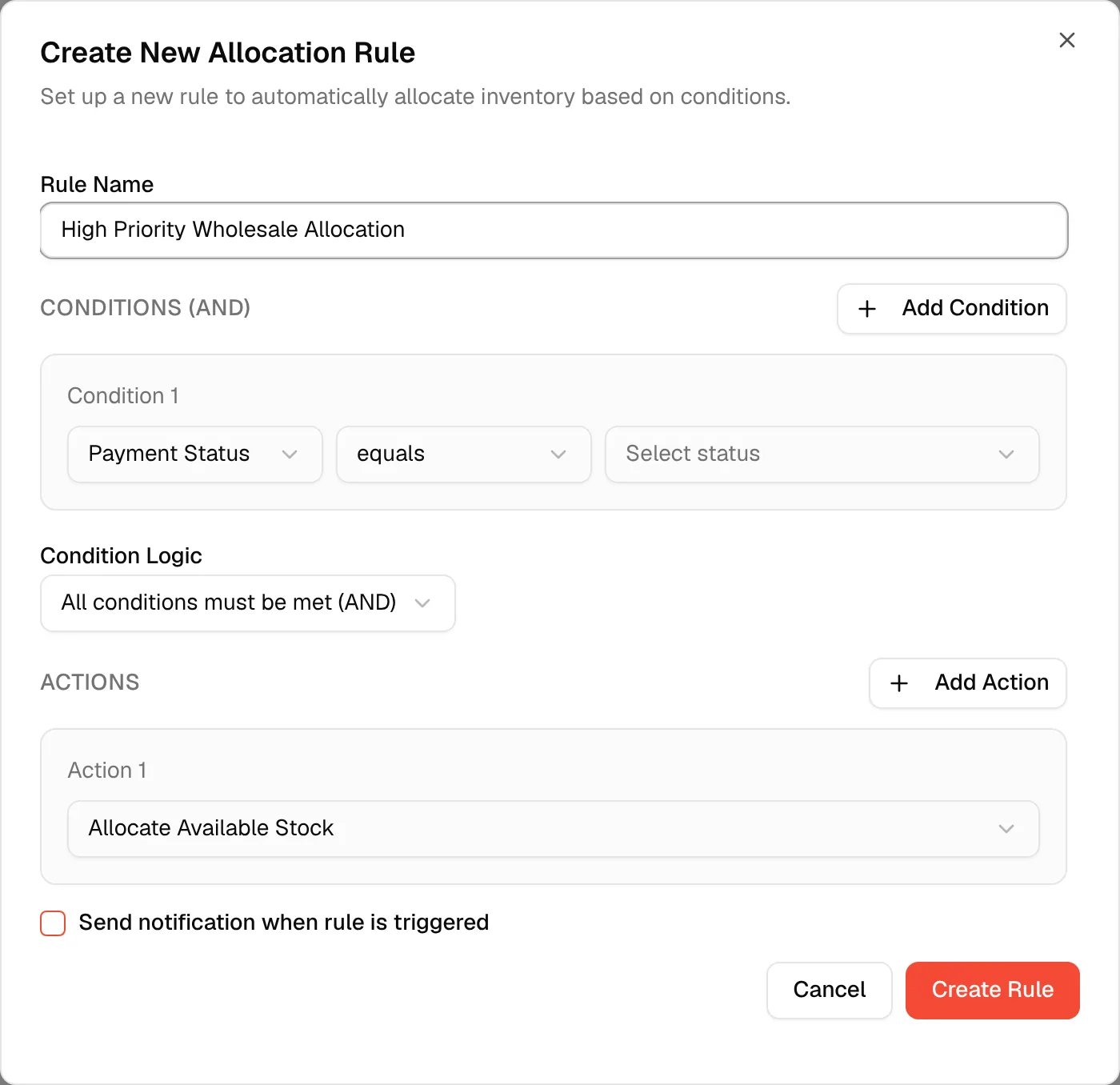 The Create Allocation Rule dialog with the rule name, a first condition and the actions