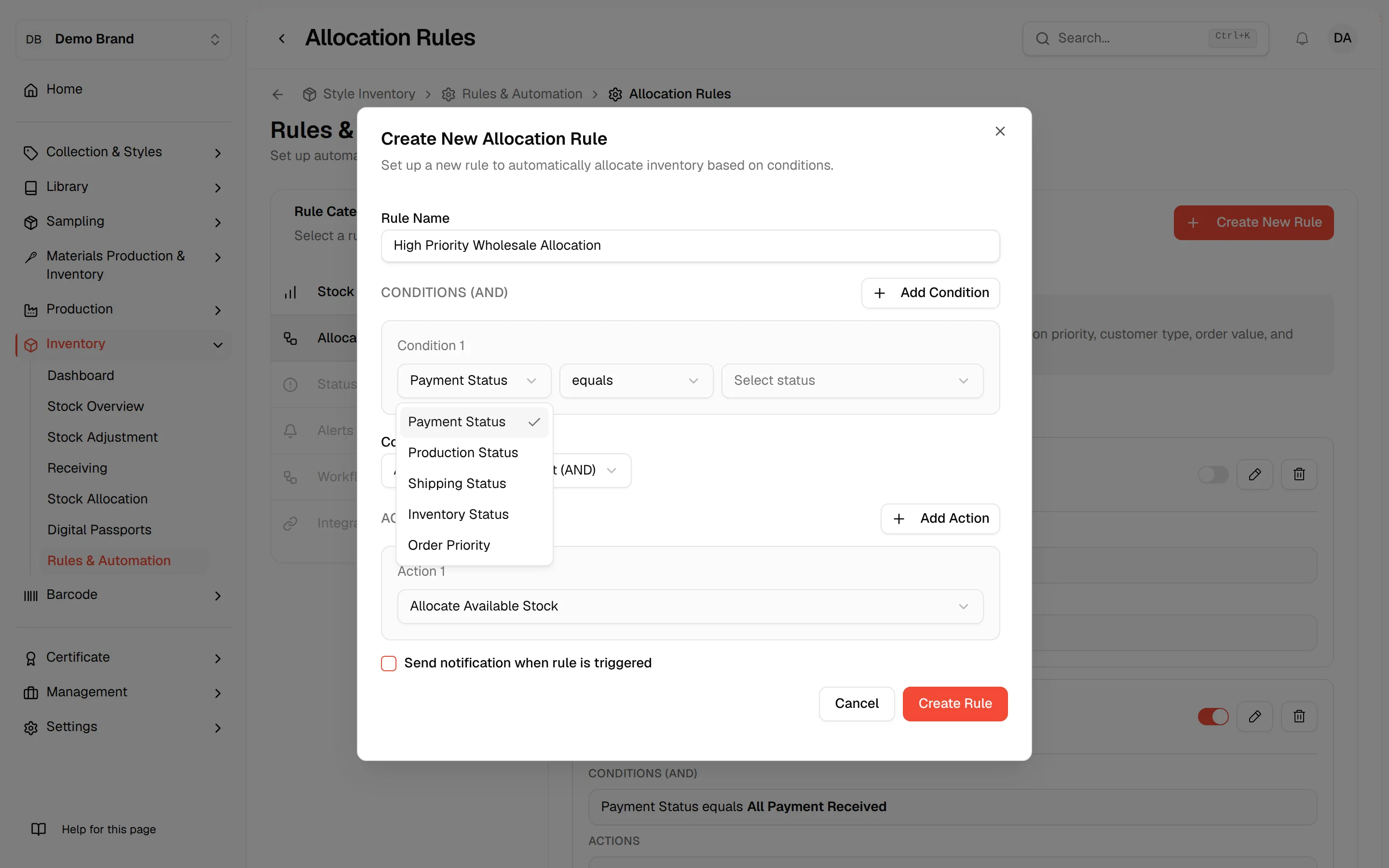 The list of condition types: Payment Status, Production Status, Shipping Status, Inventory Status and Order Priority