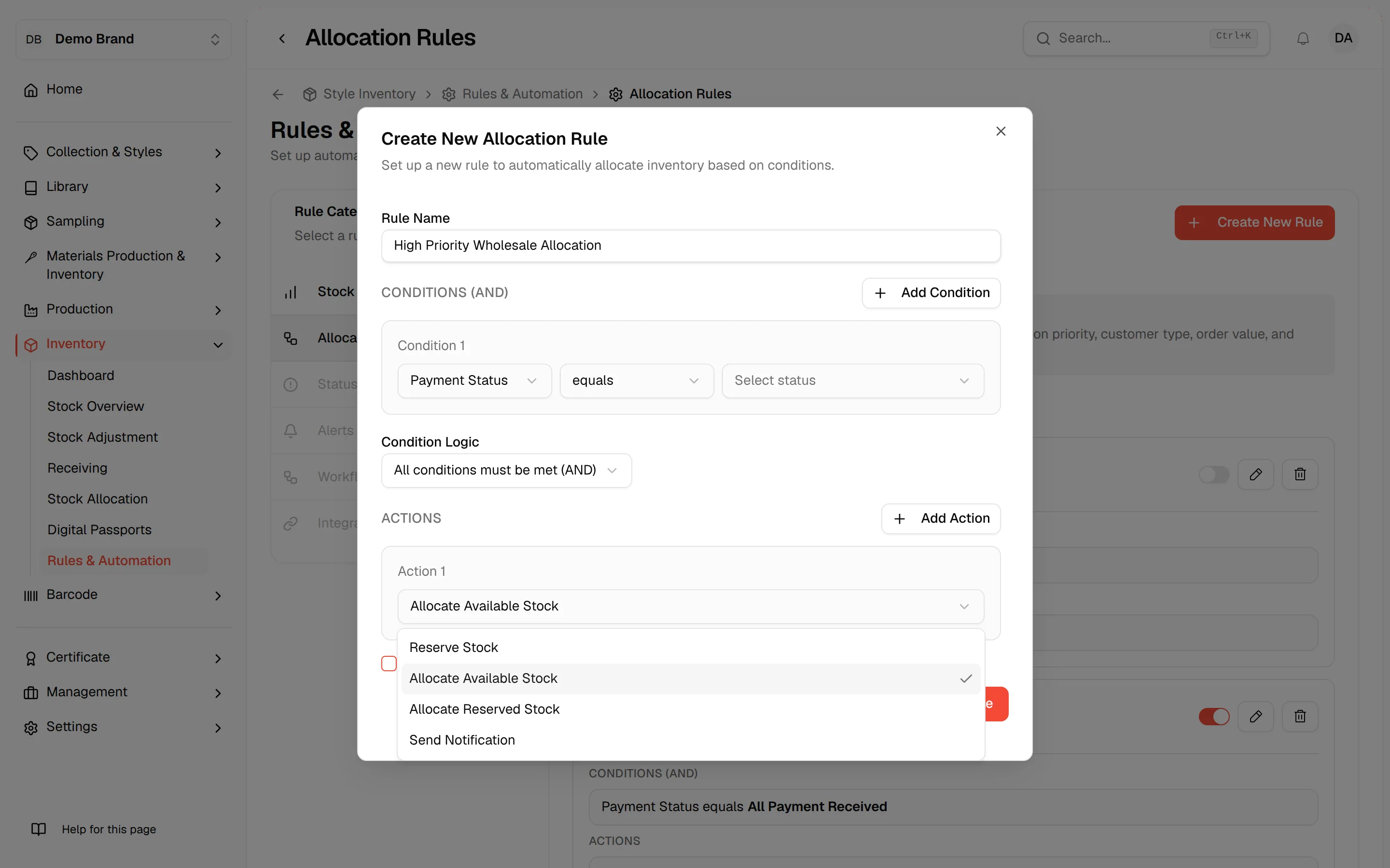 The list of actions: Allocate Available Stock, Allocate Reserved Stock, Reserve Stock and Send Notification