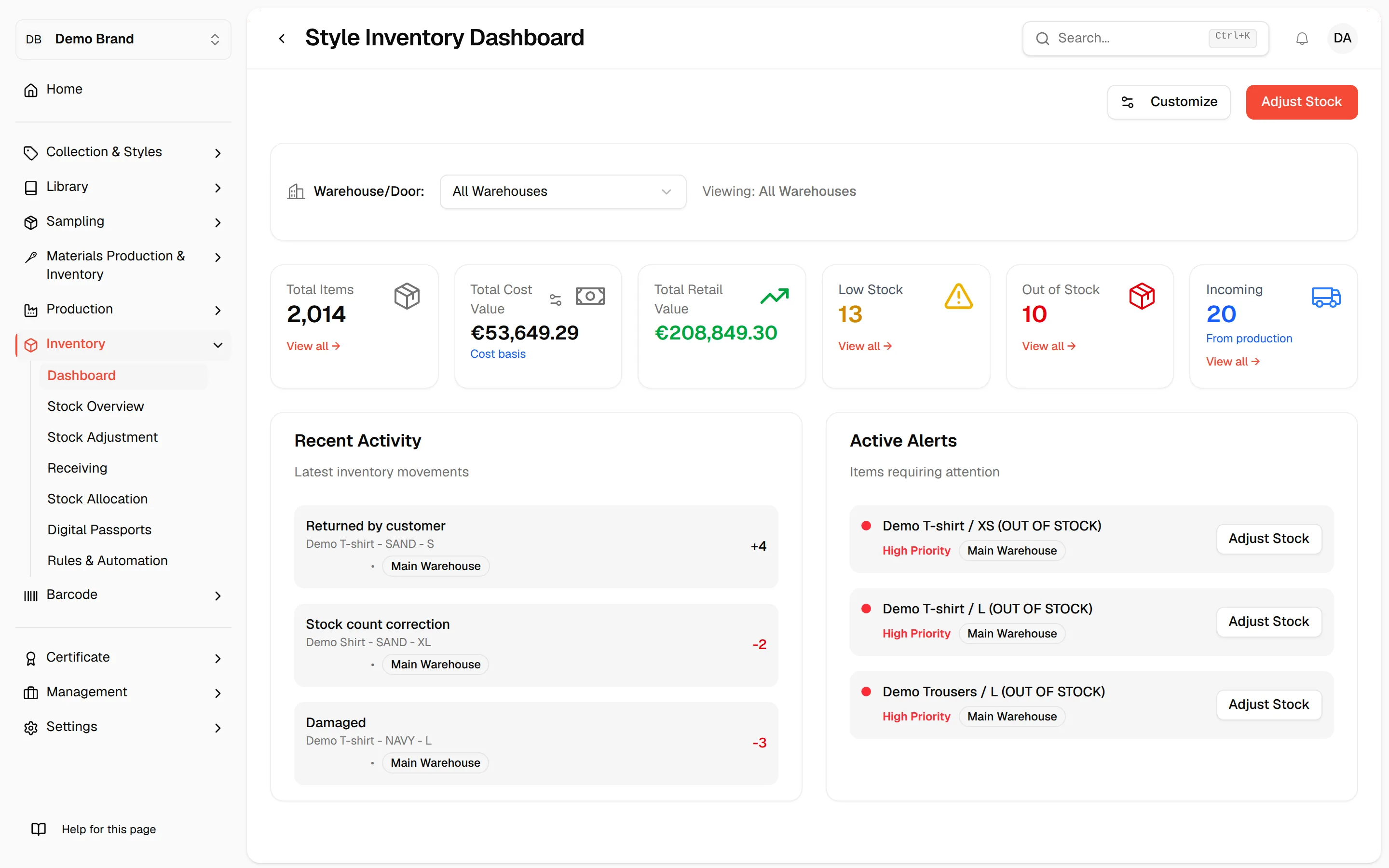 The Inventory Dashboard with the summary cards, Recent Activity and Active Alerts for all warehouses