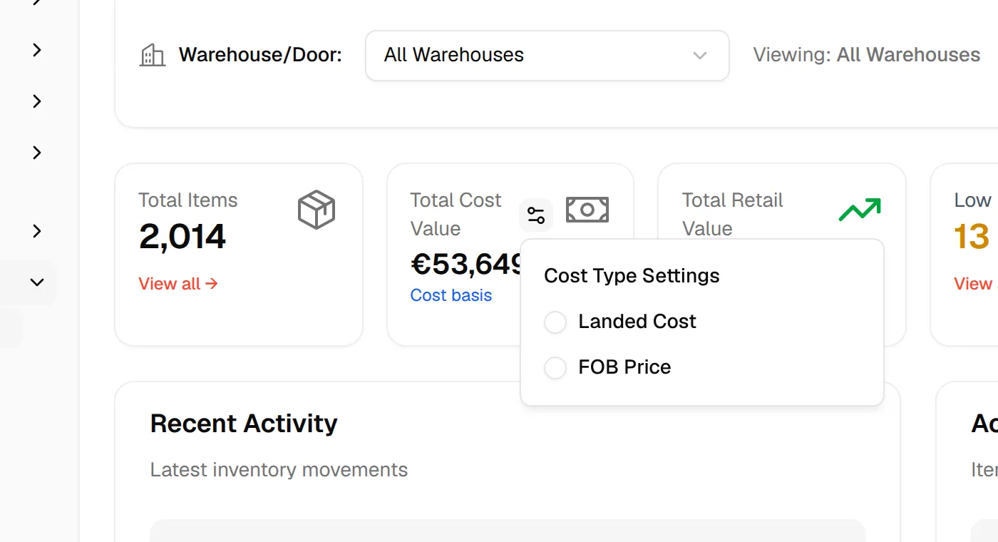The Cost Type Settings popover next to Total Cost Value with Landed Cost and FOB Price
