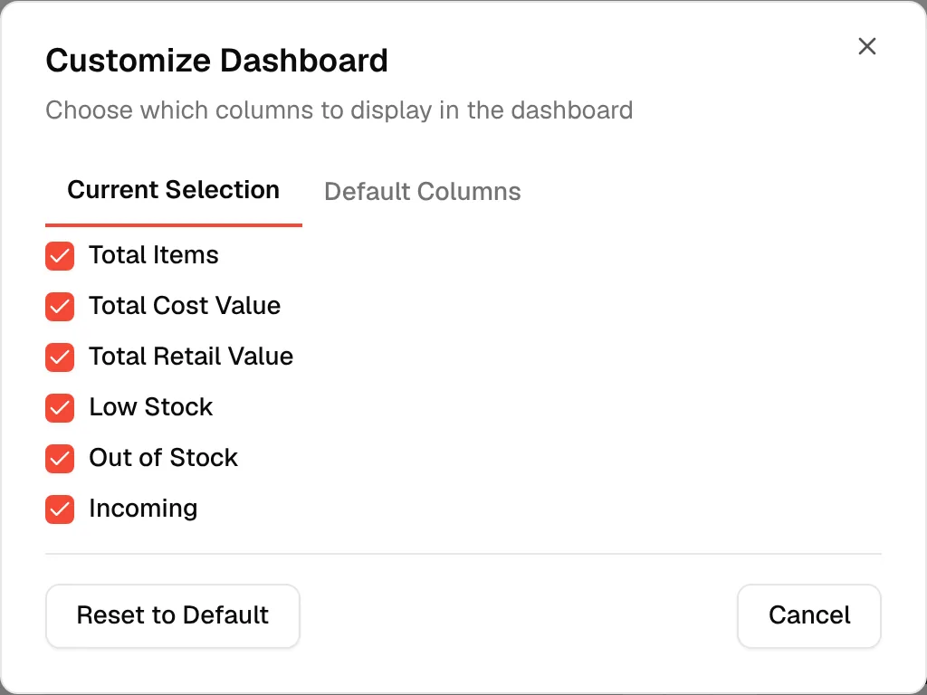 The Customize Dashboard dialog where you choose which summary cards to show
