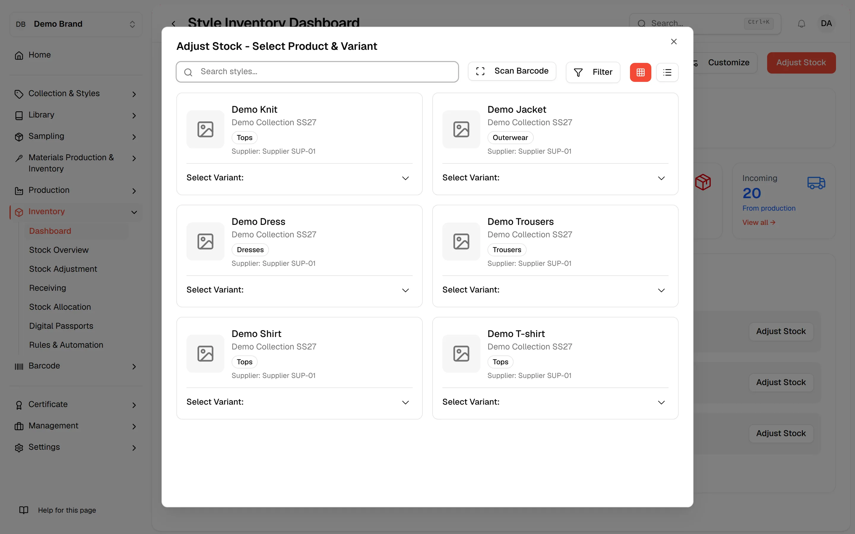 The Adjust Stock dialog opened from the dashboard, starting with the product search