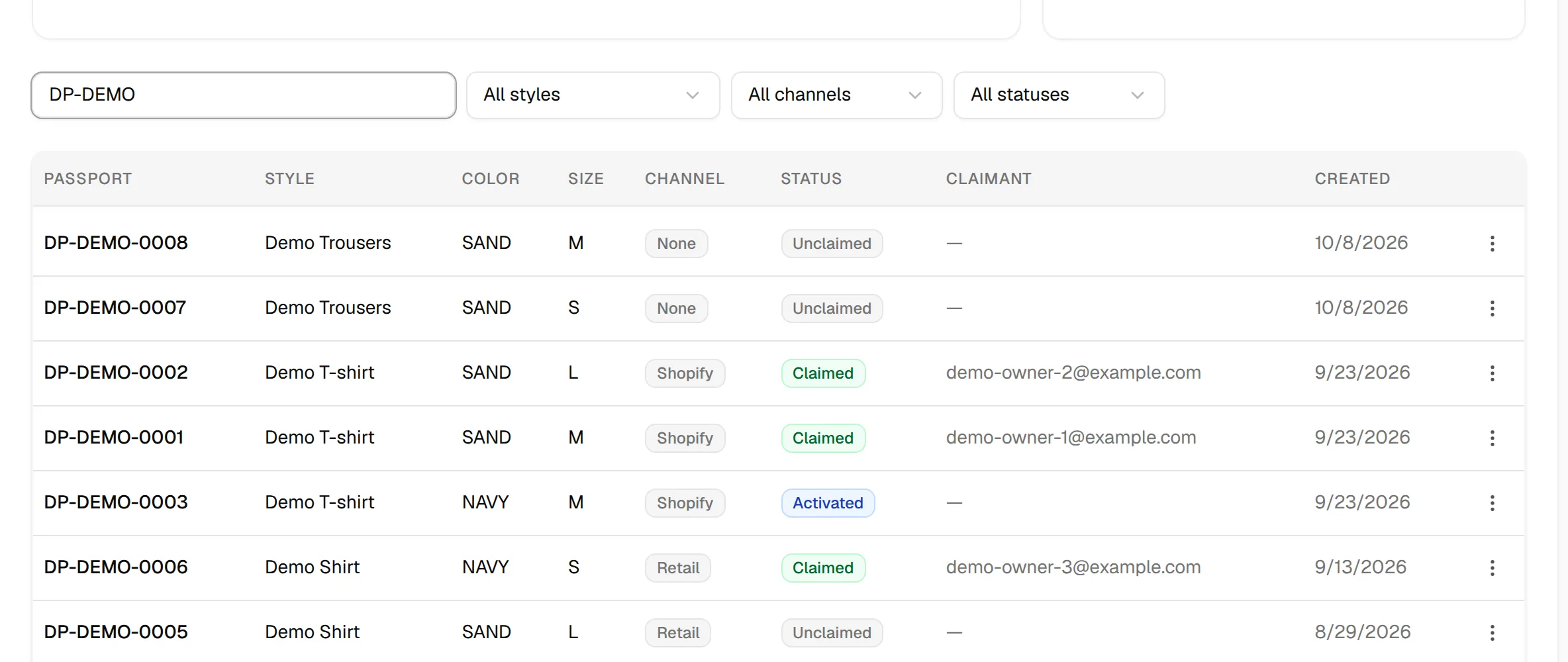 The list of passports with the code, style, colour, size, channel, status, claimant and created date