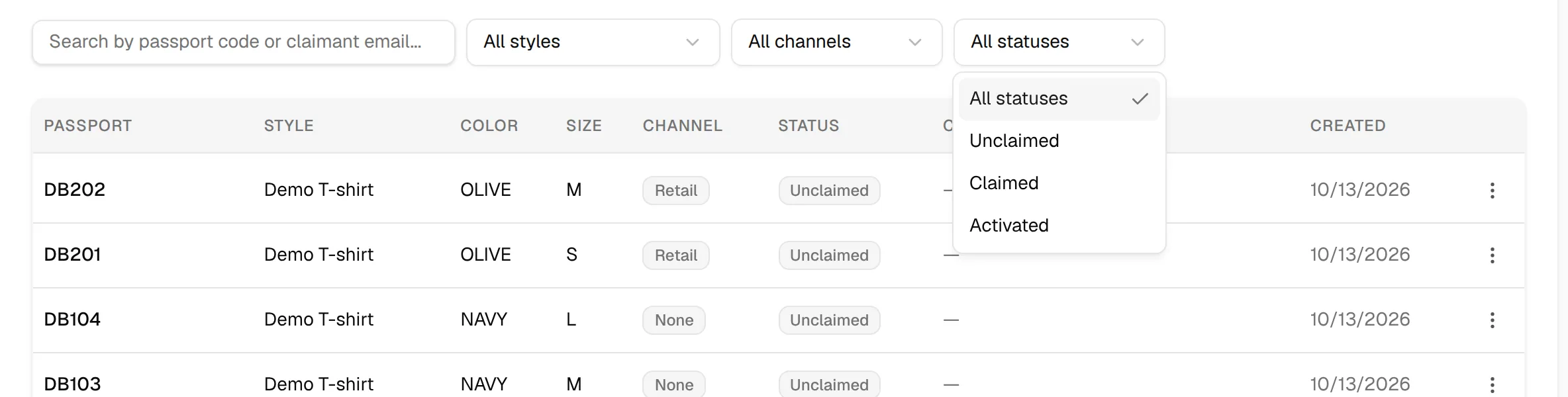 The Status filter open with Unclaimed, Claimed and Activated next to the search box