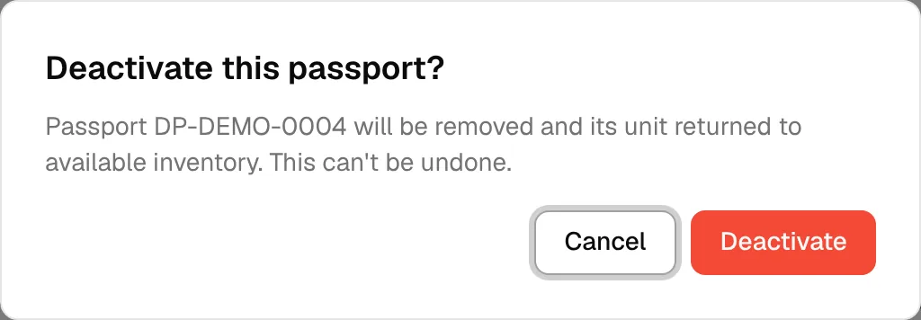 The Deactivate this passport? confirmation opened from the actions menu of an unclaimed passport