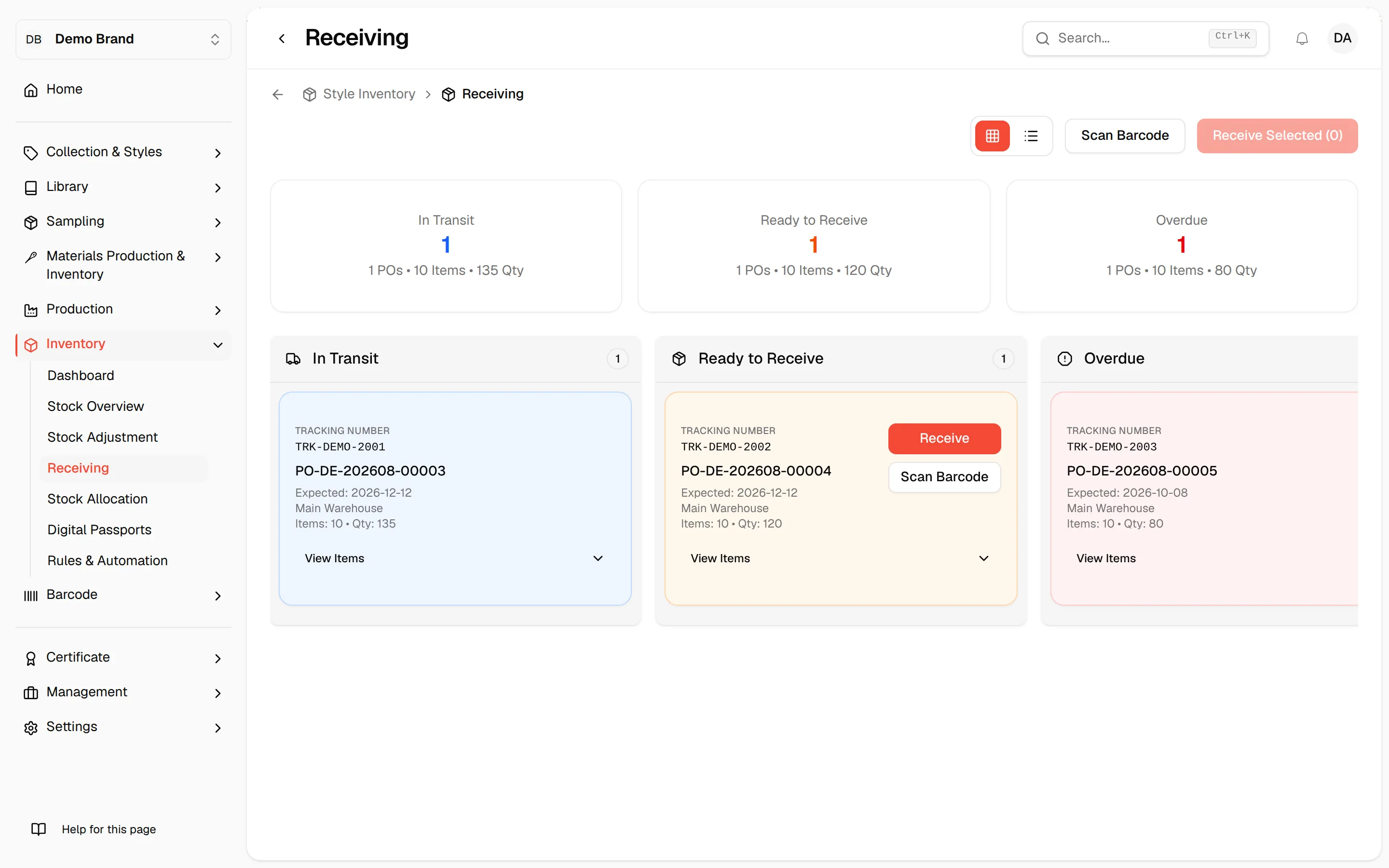 The Receiving page with the In Transit, Ready to Receive and Overdue cards and one production order in each column