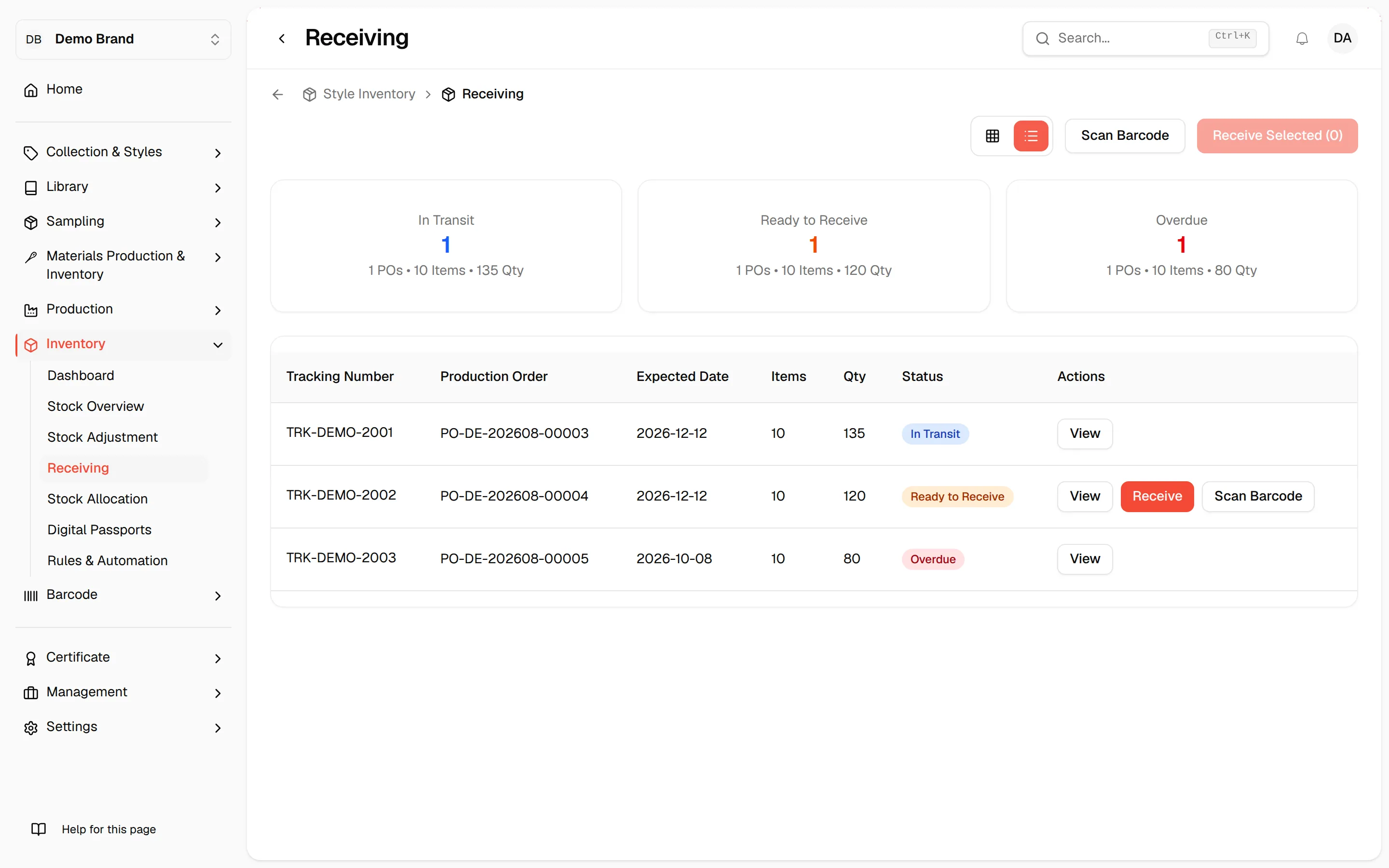 The Receiving page in table view with the tracking number, production order, expected date, items, quantity and status