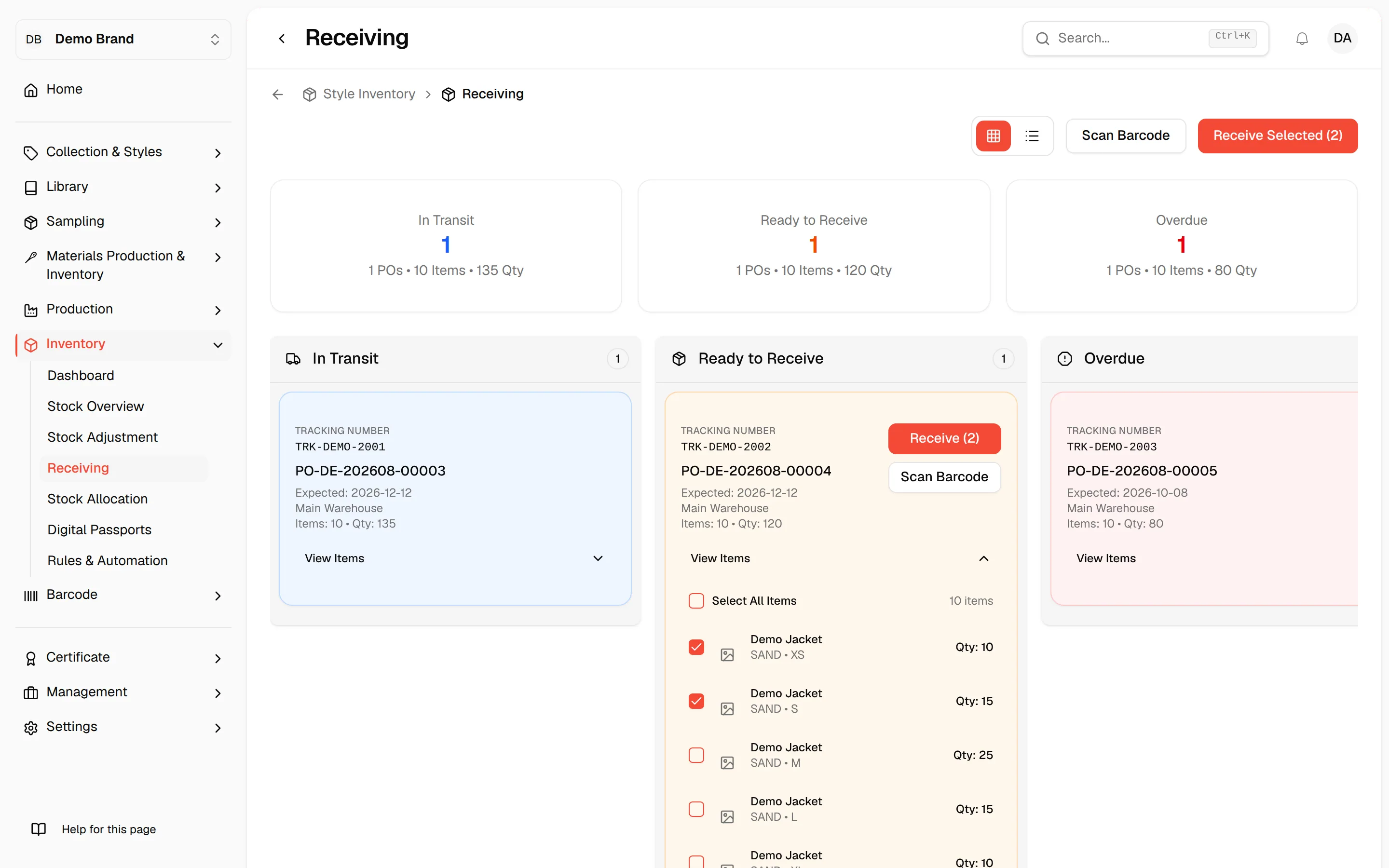 The Ready to Receive order expanded with Select All Items and two of its items checked