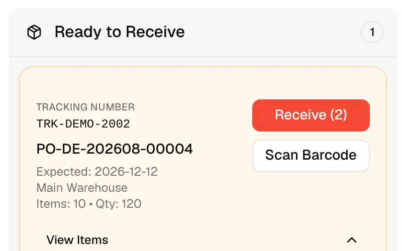 The Receive (2) button on the order once two items are checked