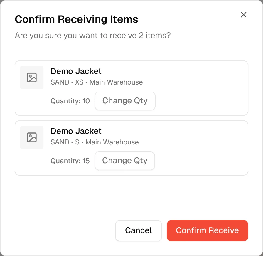 The Confirm Receiving Items dialog listing each item with its style, colour, size, warehouse and quantity