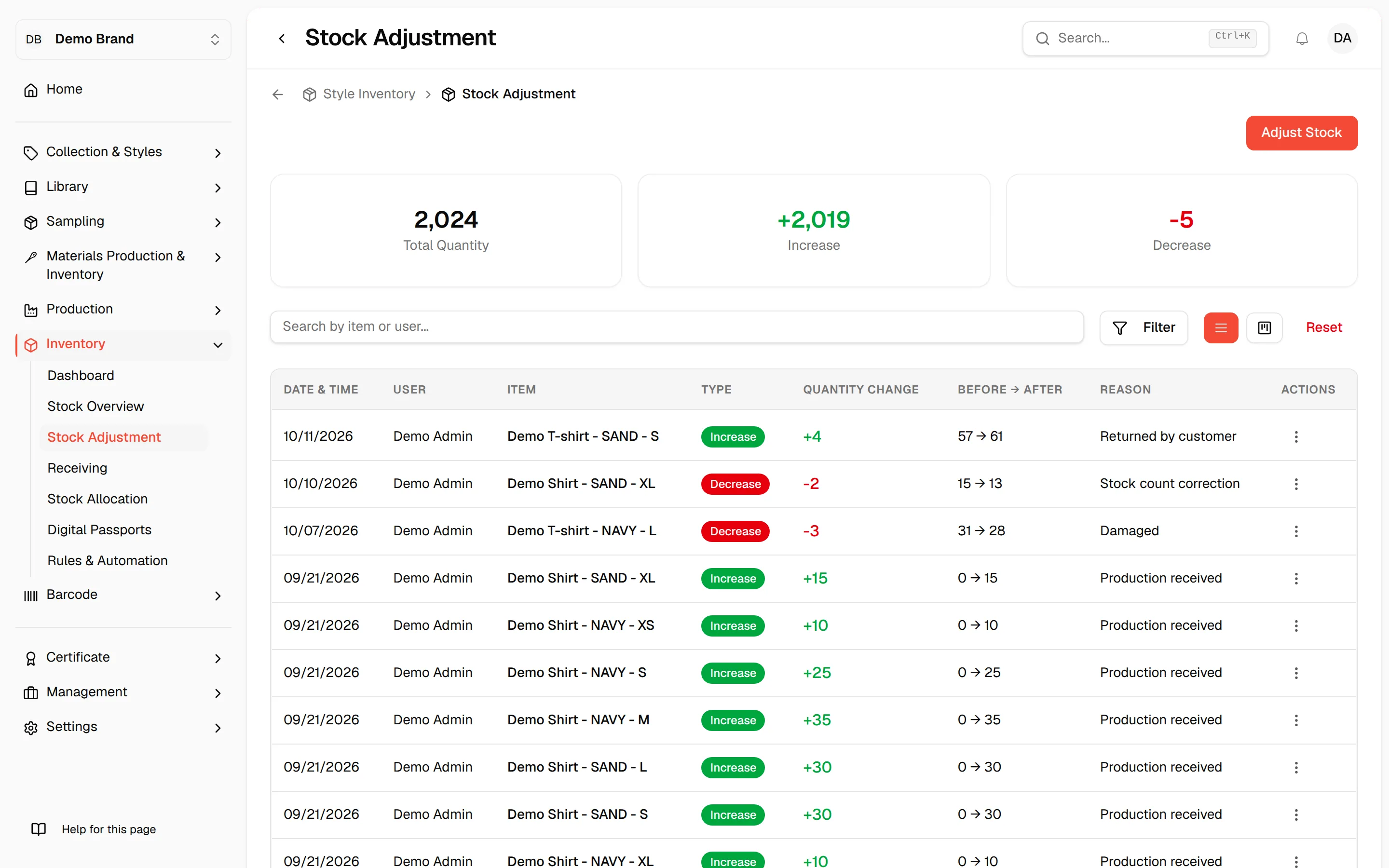 The Stock Adjustment page with the history list and the Adjust Stock button at the top right