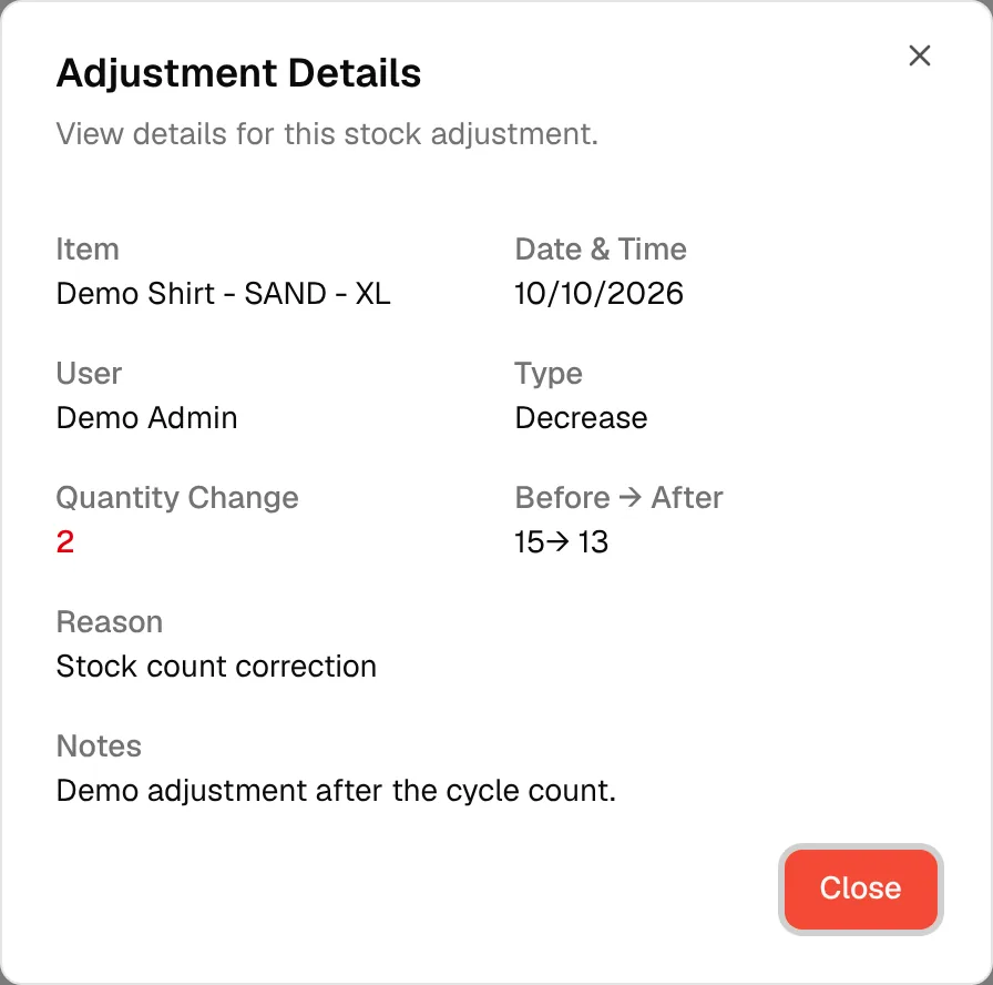 The Adjustment Details dialog showing the item, user, type, quantity change, reason and notes