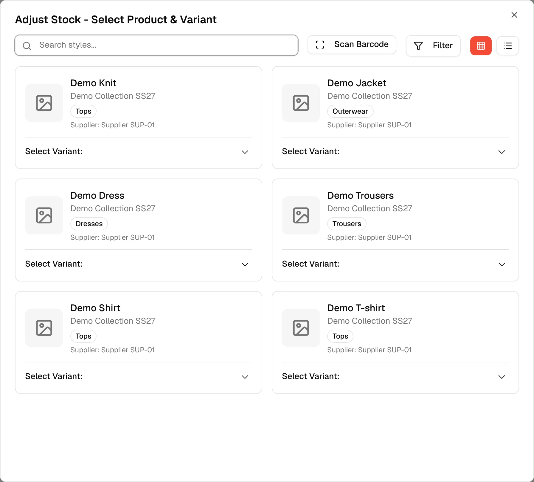 The first step of the Adjust Stock dialog with the style search, the Scan Barcode button and the filters