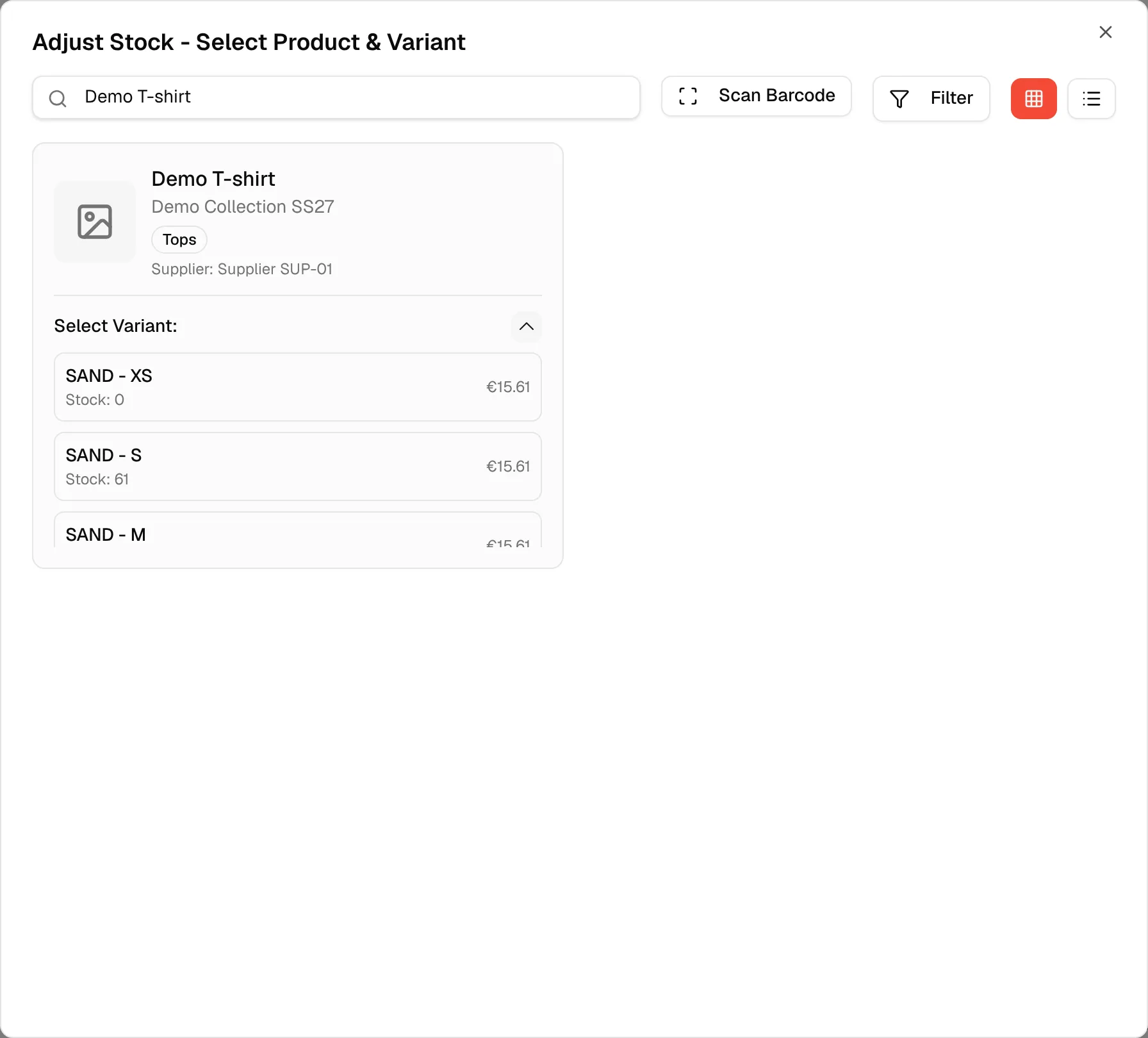 A style expanded in the Adjust Stock dialog, listing each colour and size with its current stock