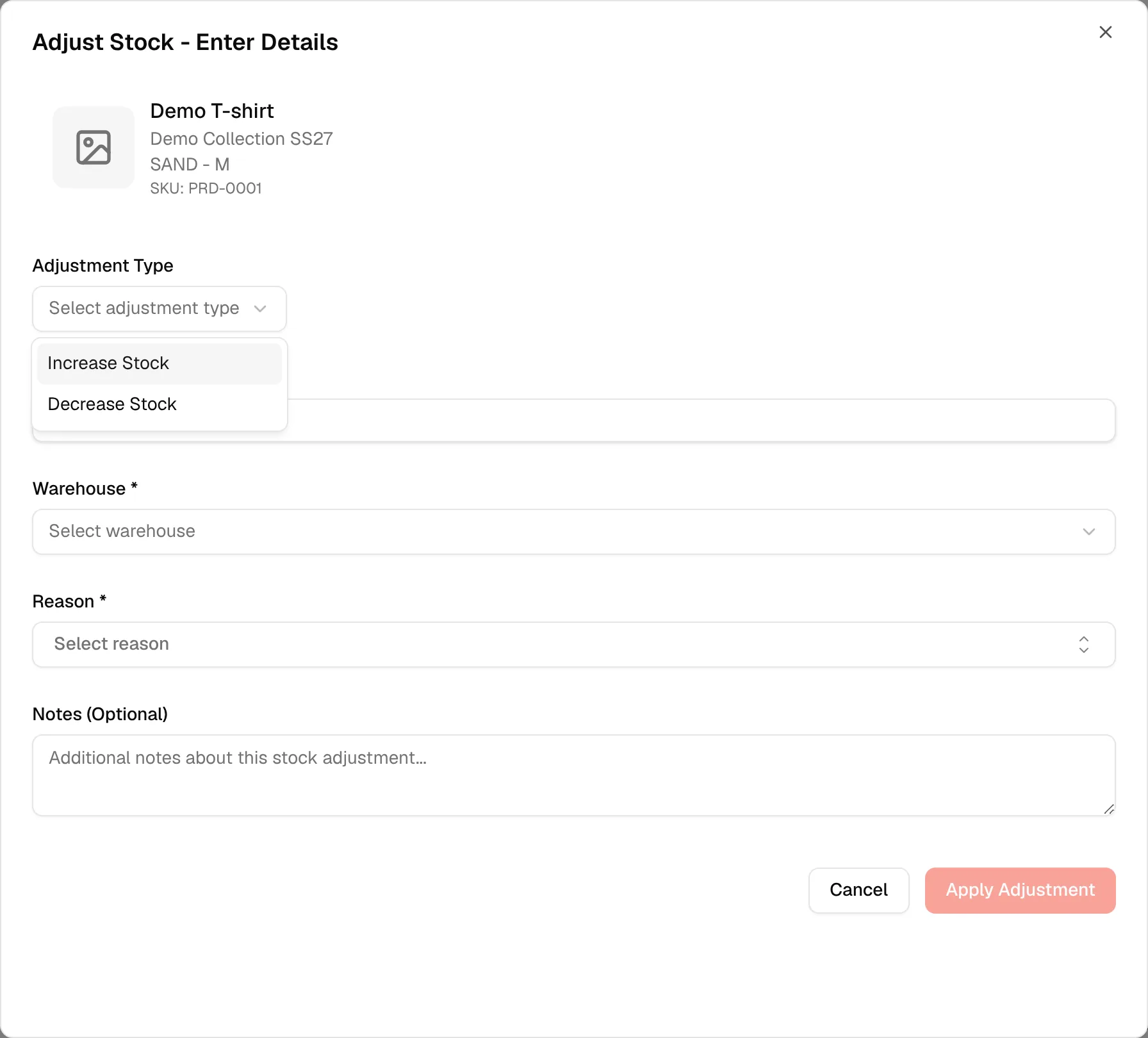 The Adjustment Type list with Increase Stock and Decrease Stock