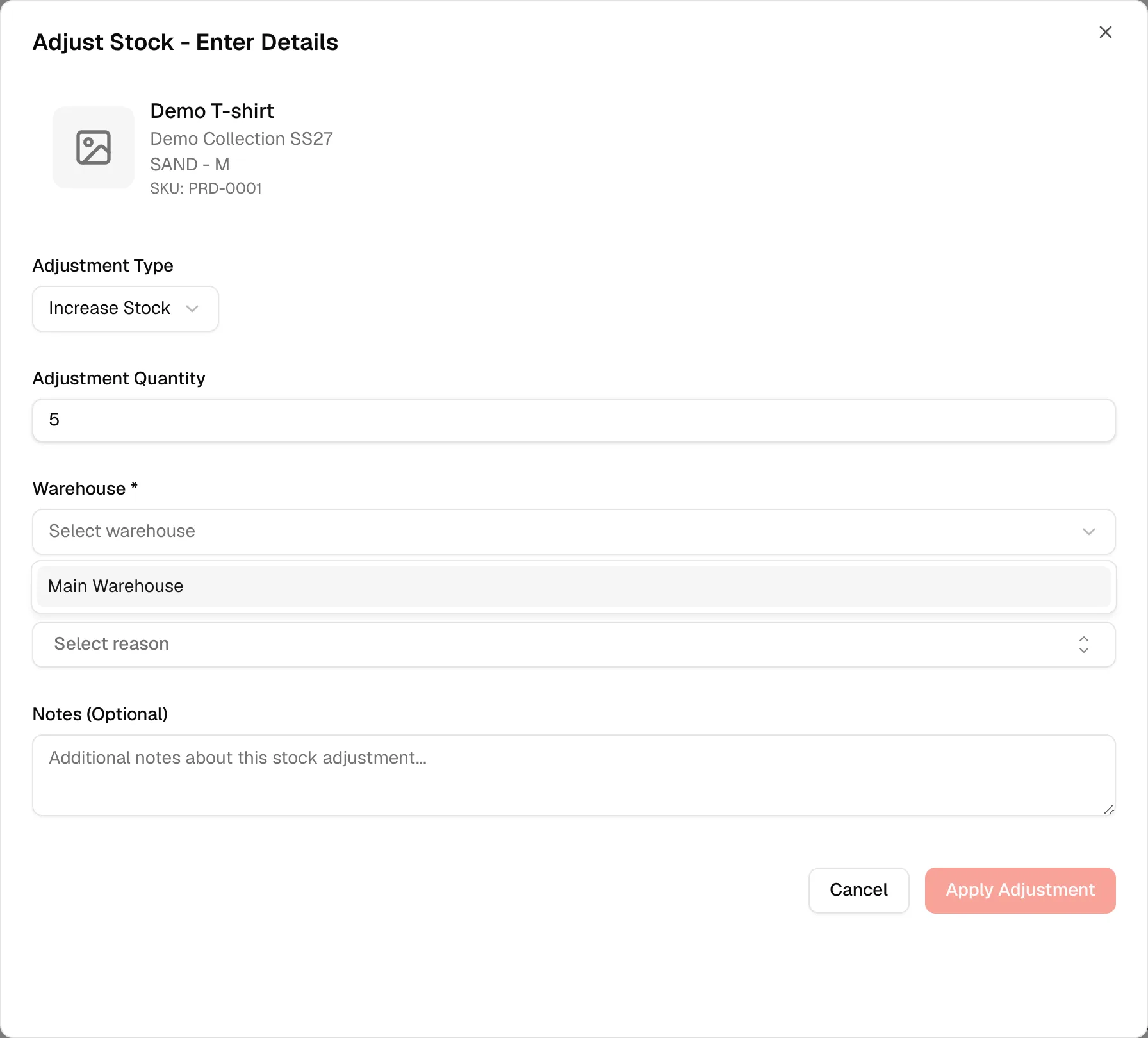 The Warehouse list in the adjustment form with the quantity already entered