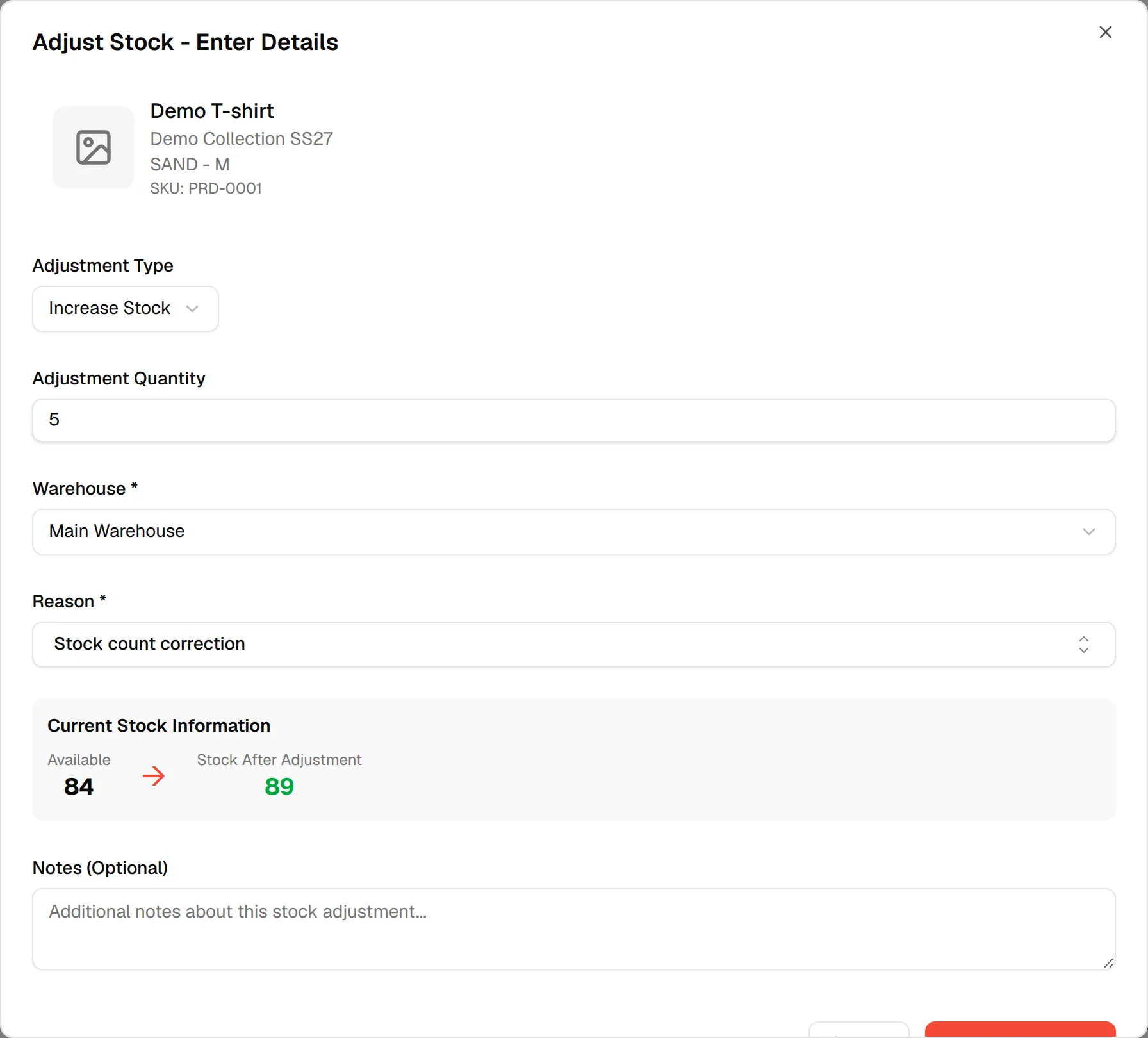 The filled adjustment form with Current Stock Information showing the Available quantity and the Stock After Adjustment