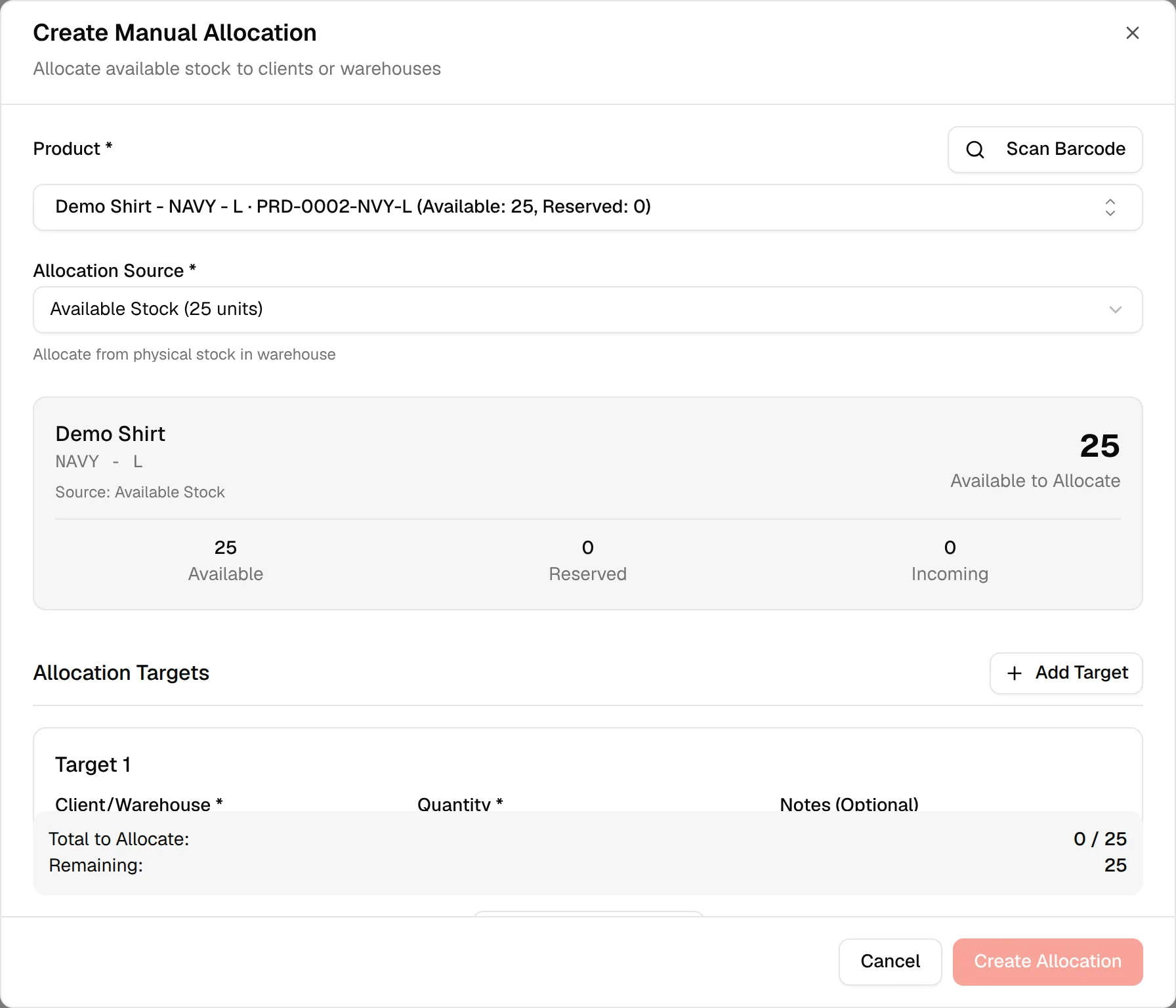 The Product field of the manual allocation with a product selected and the Allocation Source options below it