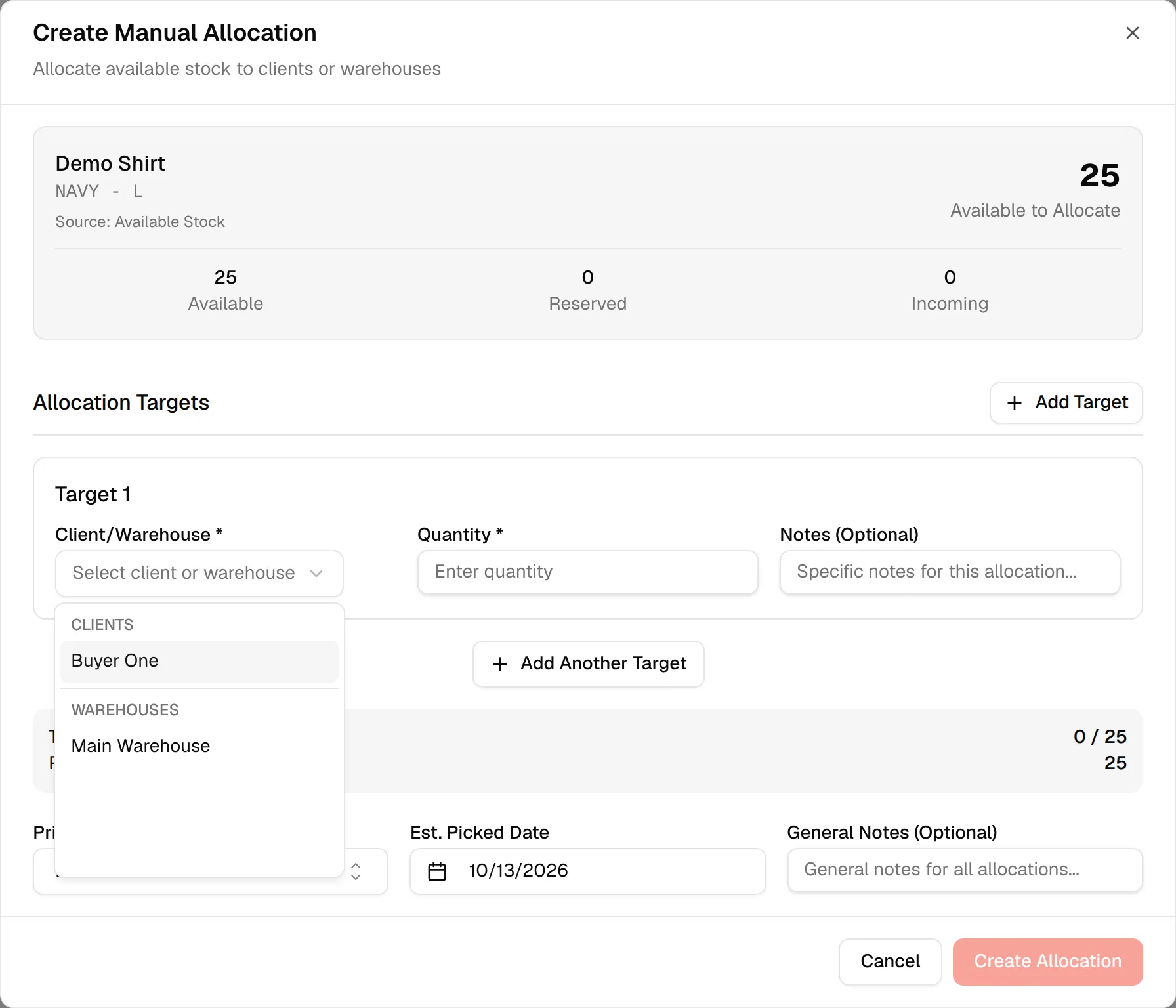 The Client/Warehouse list offering warehouses and clients as allocation targets