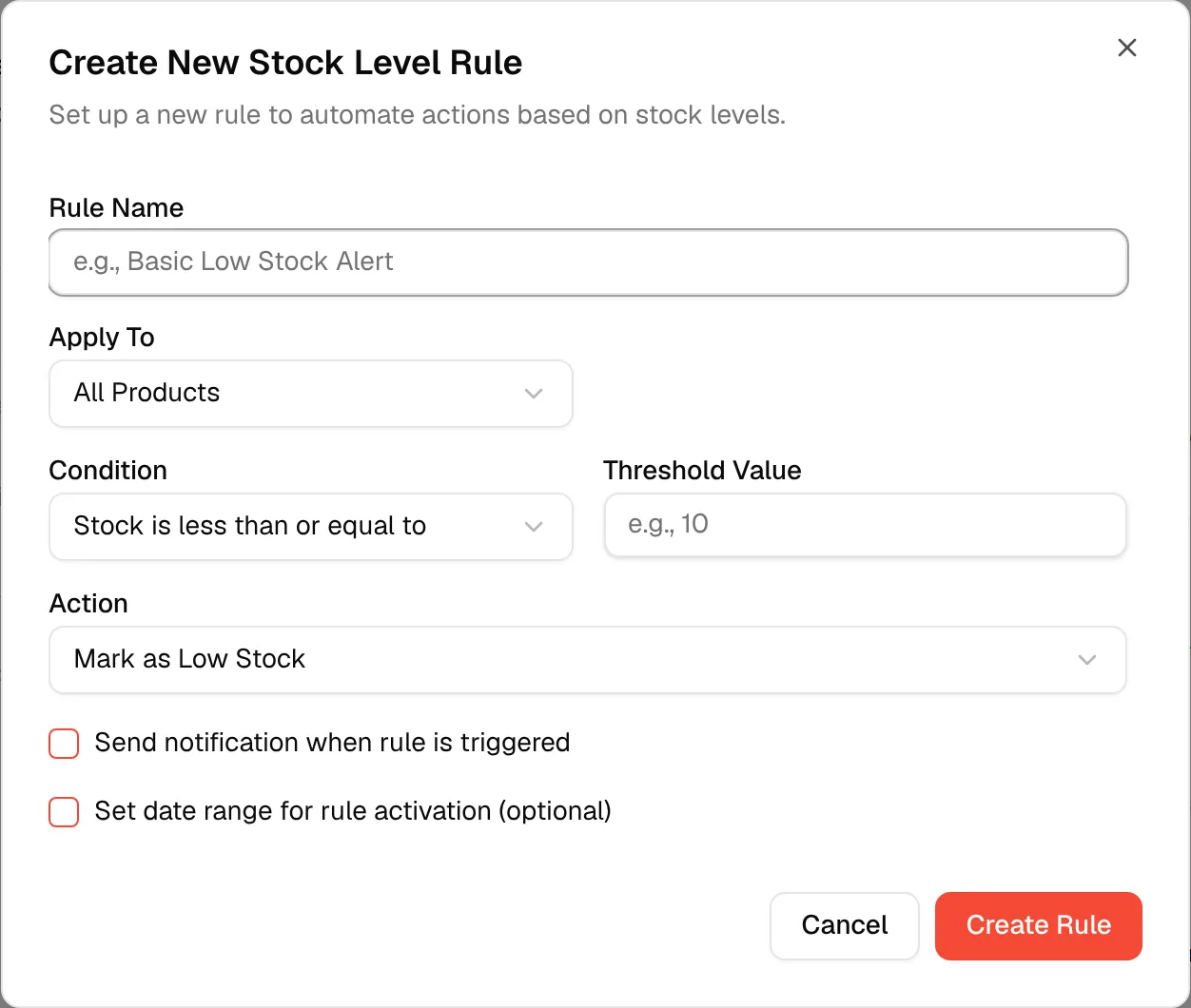 The Create New Rule dialog with the Rule Name, Apply To, Condition and Action fields