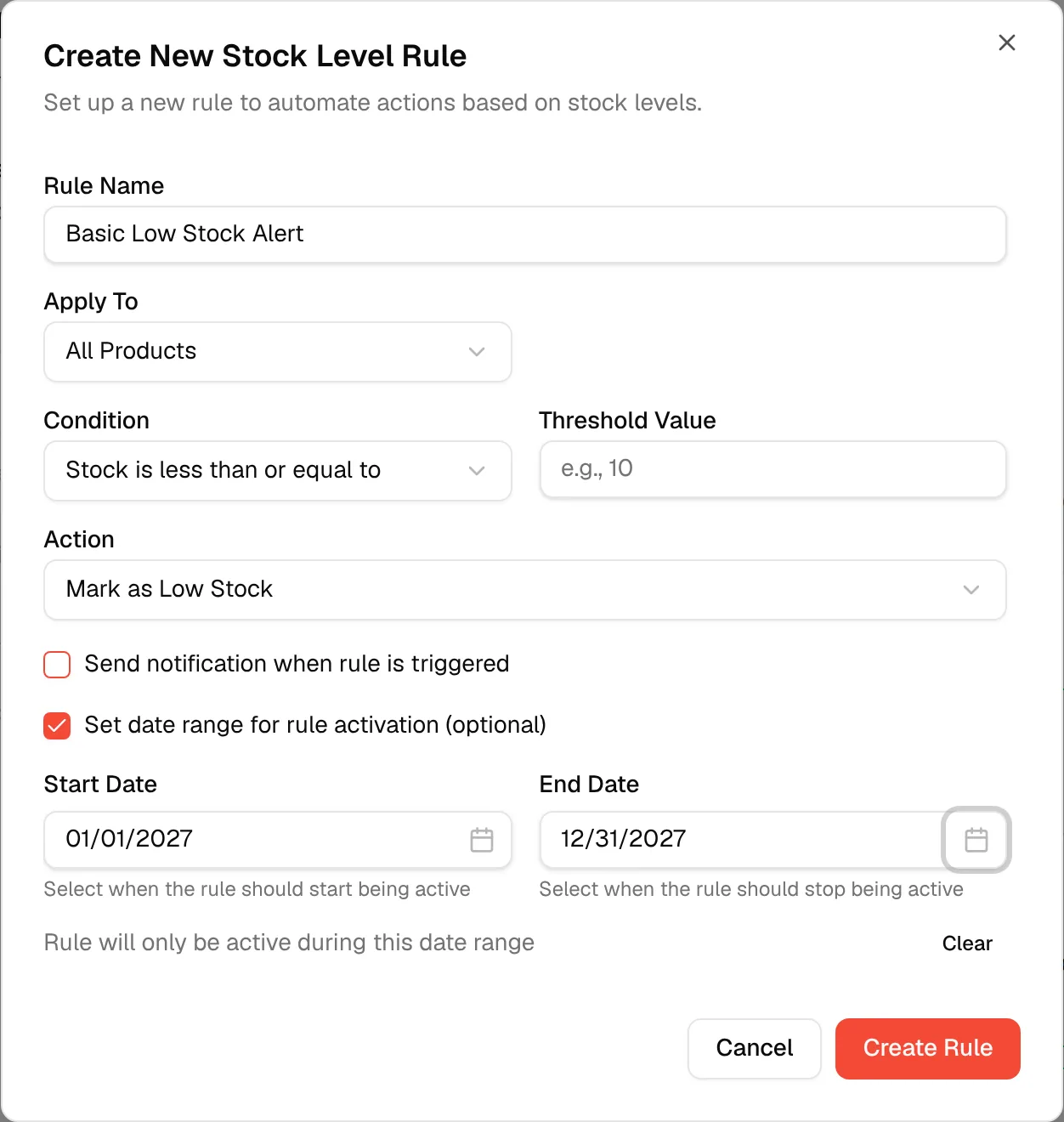 The rule form with Set date range for rule activation checked, showing the Start Date and End Date