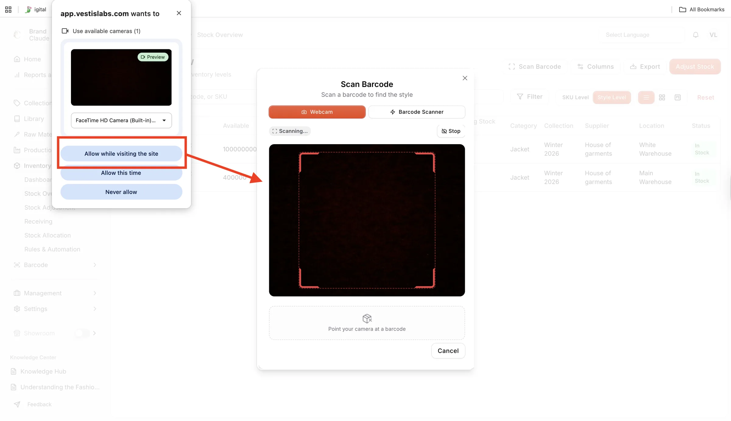 Click “Allow while visiting the site” to enable camera access on your device.