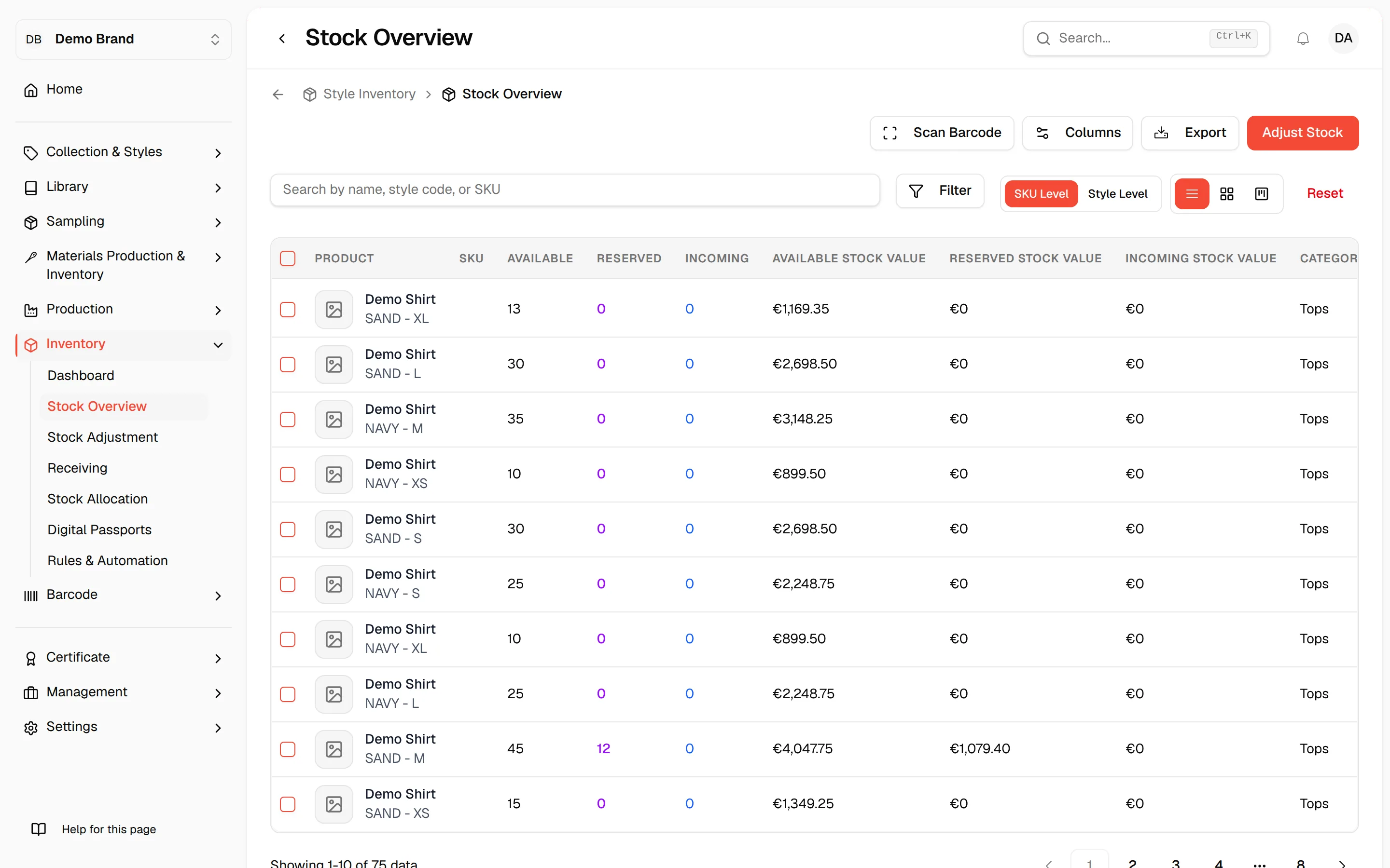 The Stock Overview at SKU Level with one row per size and colour and the Available, Reserved and Incoming columns