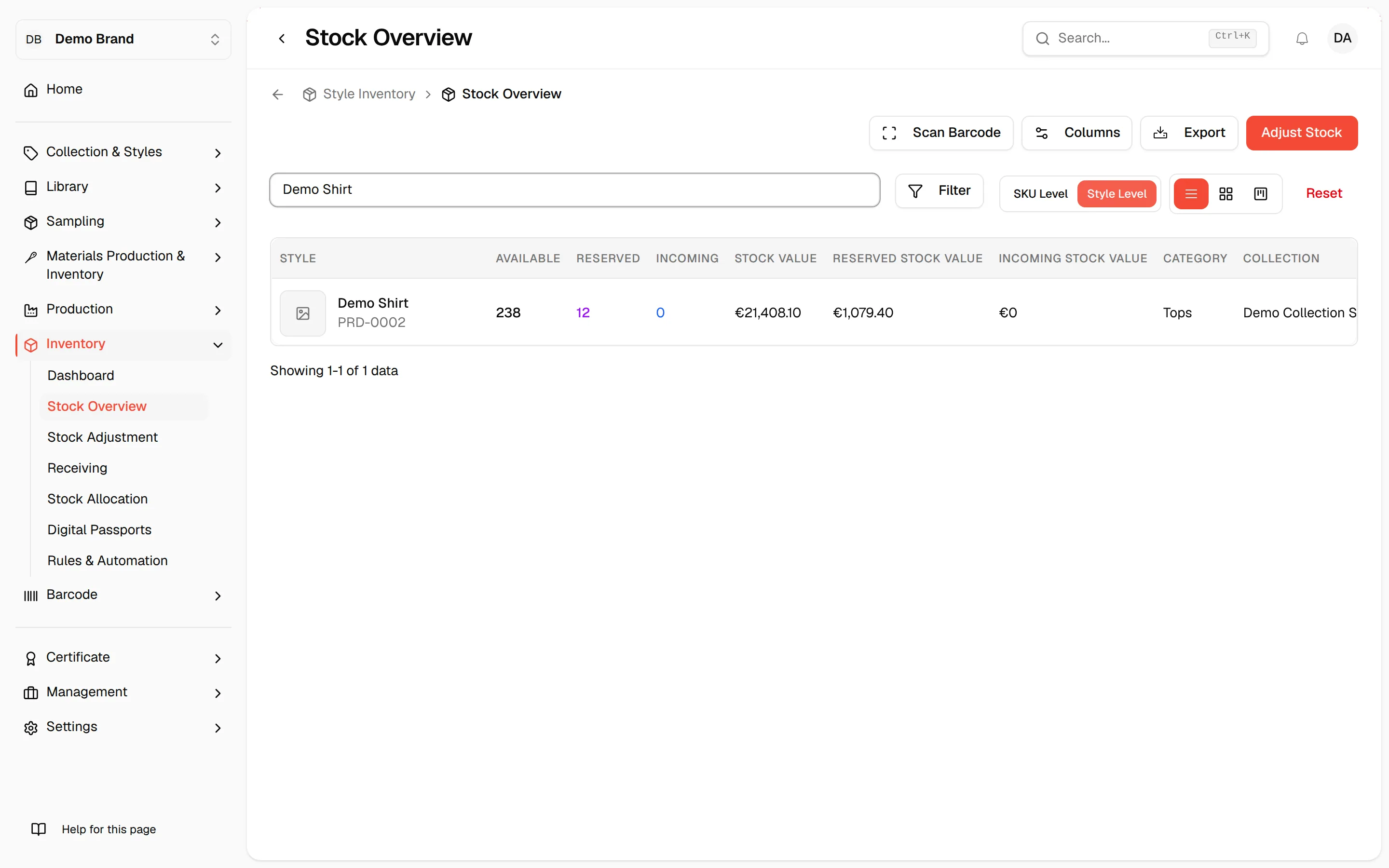The Stock Overview at Style Level, where the quantities of all variants of a style are added up