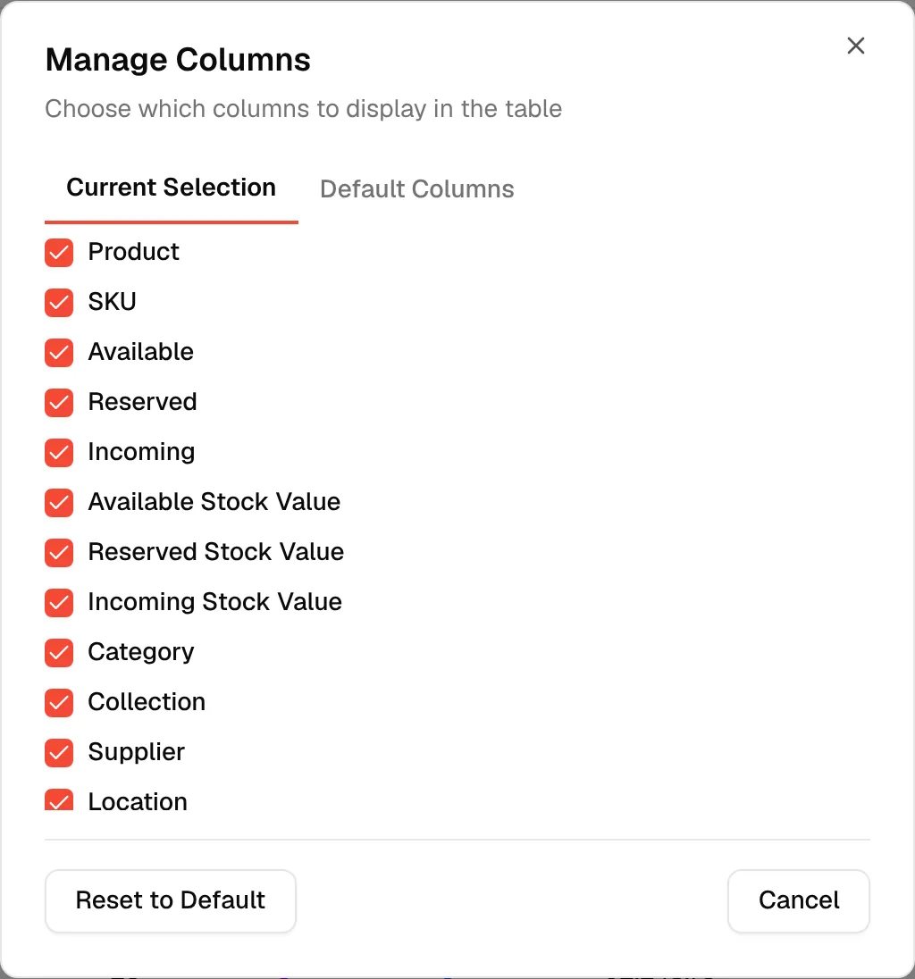 The Manage Columns dialog listing the columns you can show in the table