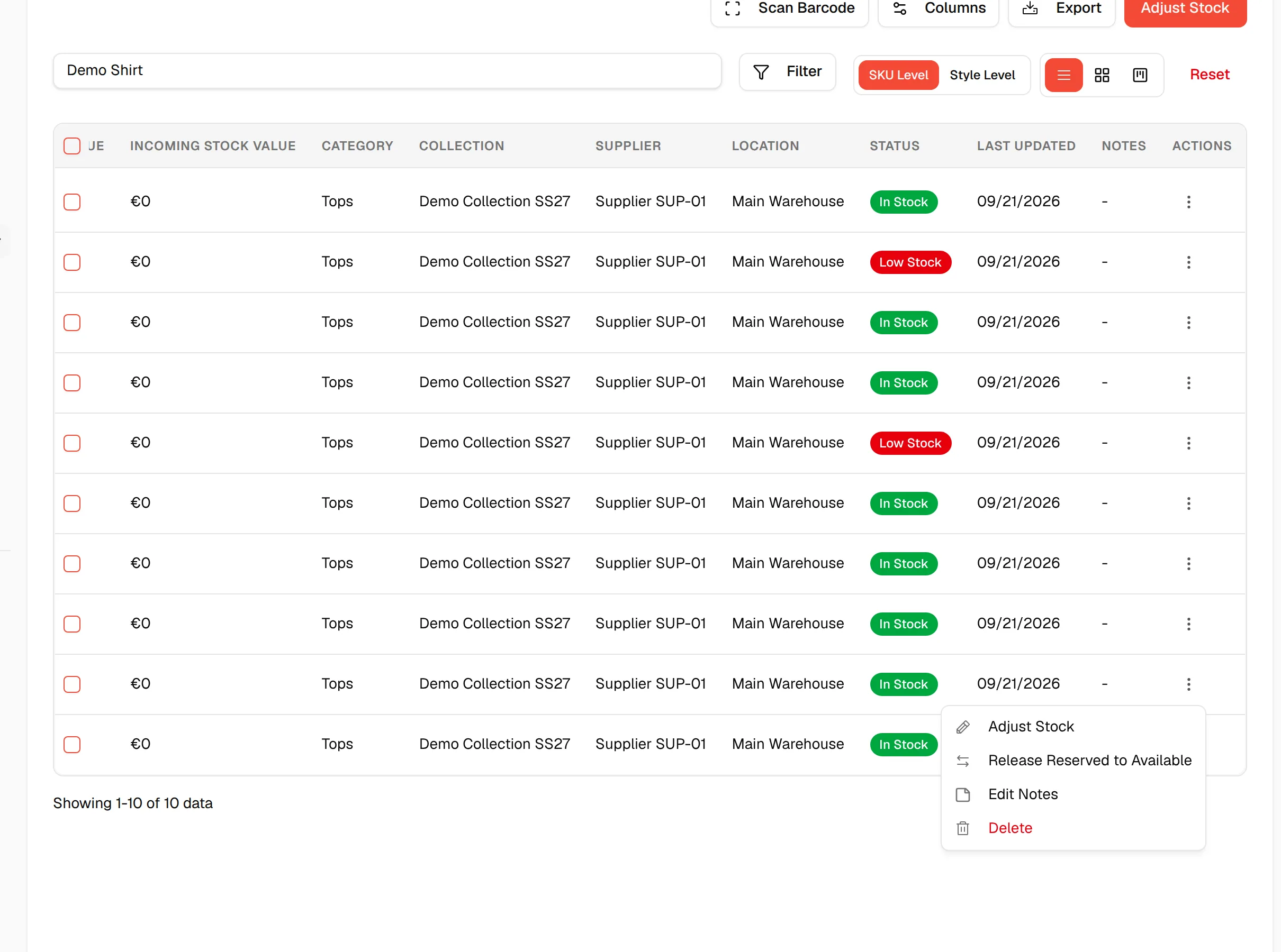 The actions menu of a stock line with Adjust Stock, Release Reserved to Available, Edit Notes and Delete