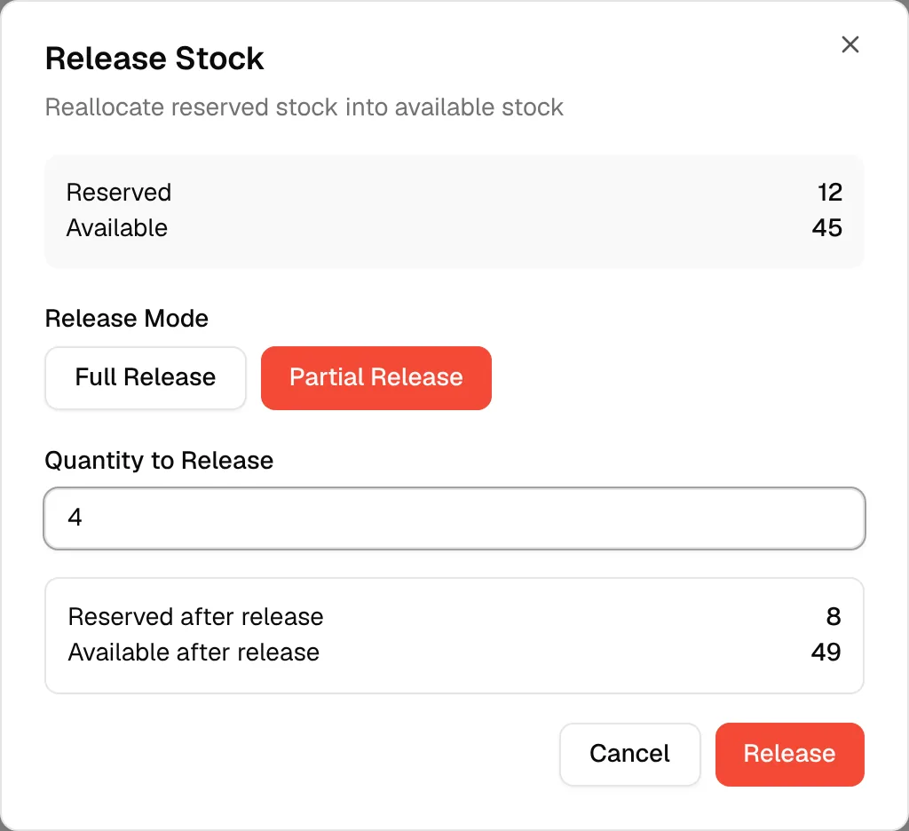 The Release Stock dialog set to Partial Release with a quantity entered and the quantities after the release