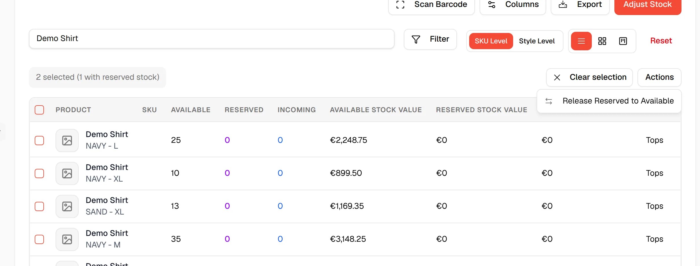 Two rows checked and the Actions menu offering Release Reserved to Available