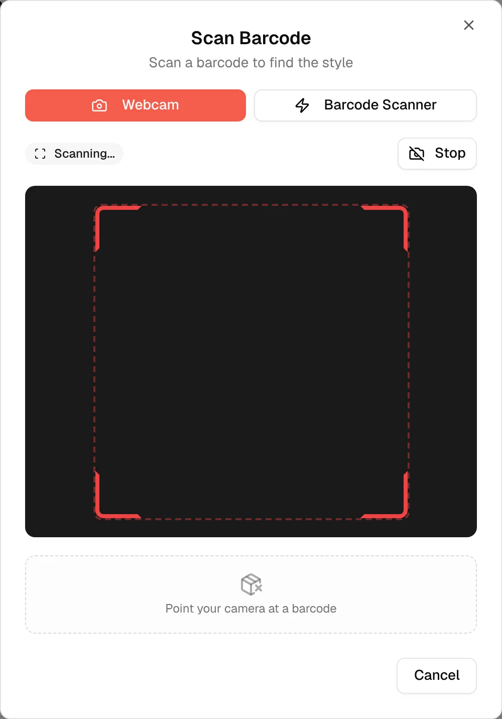 The Scan Barcode dialog on the Webcam option with the camera view and its scanning frame