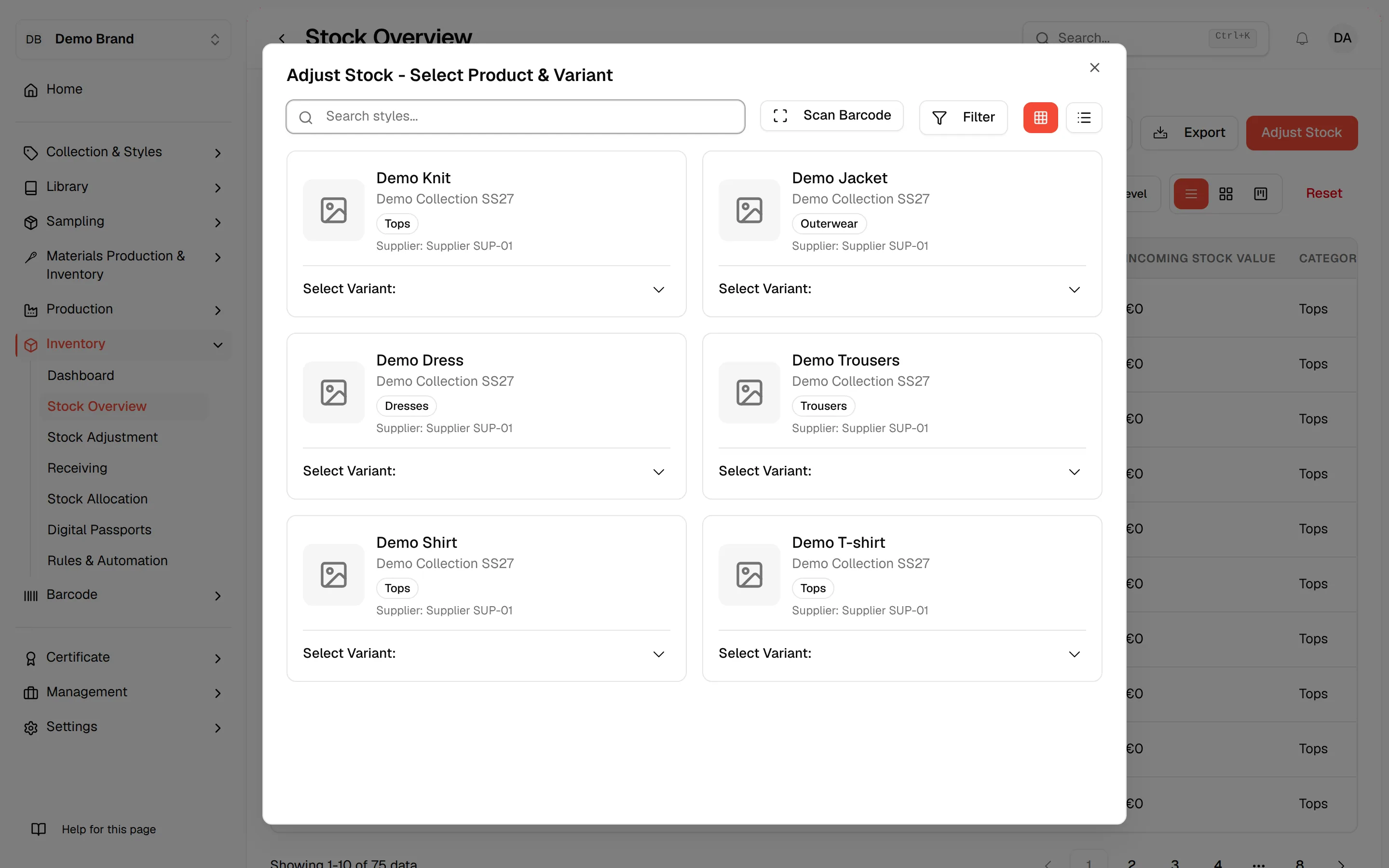 The Adjust Stock dialog opened from the Stock Overview, starting with the product search