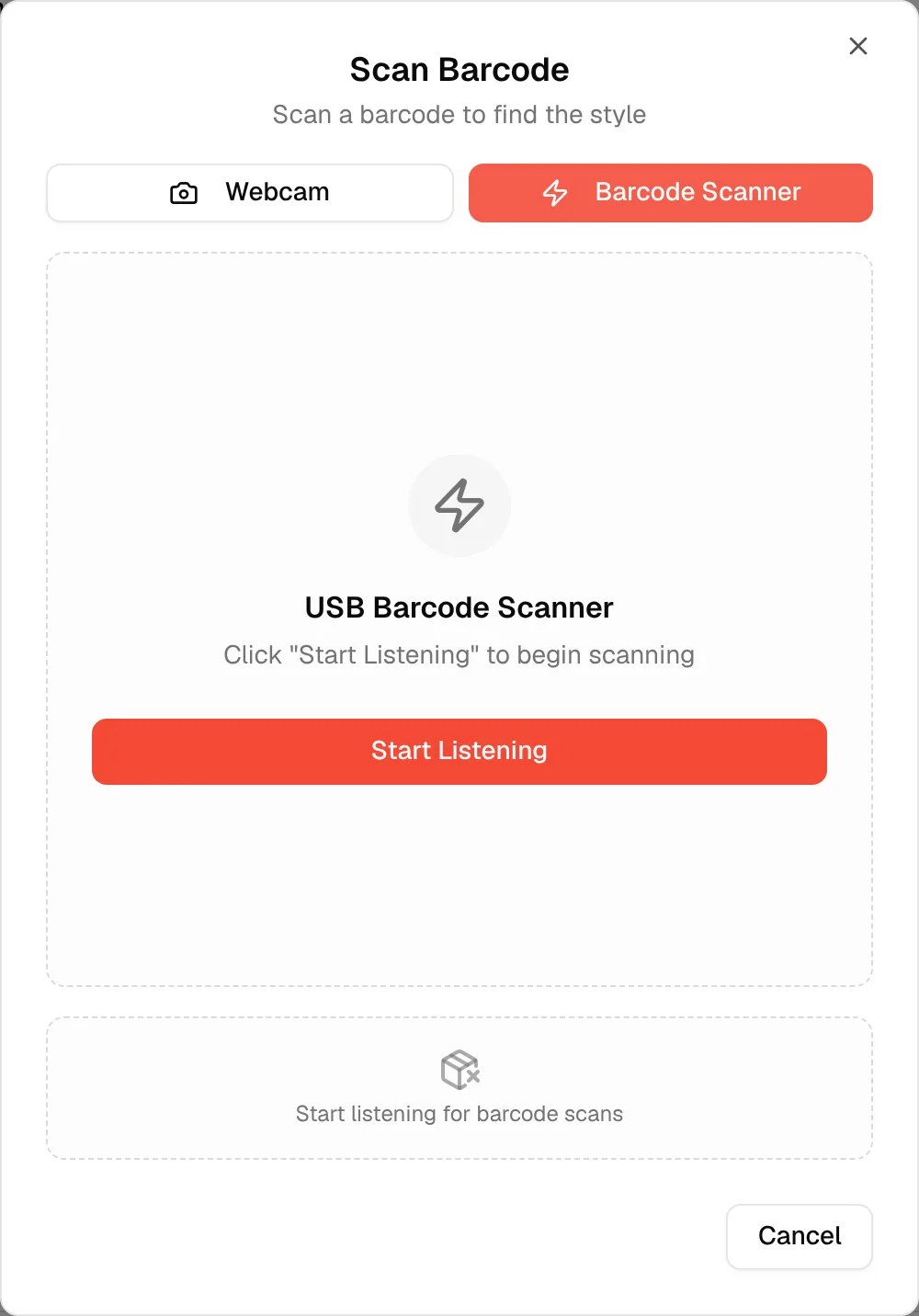 The Scan Barcode dialog on the Barcode Scanner option, ready for a USB scanner