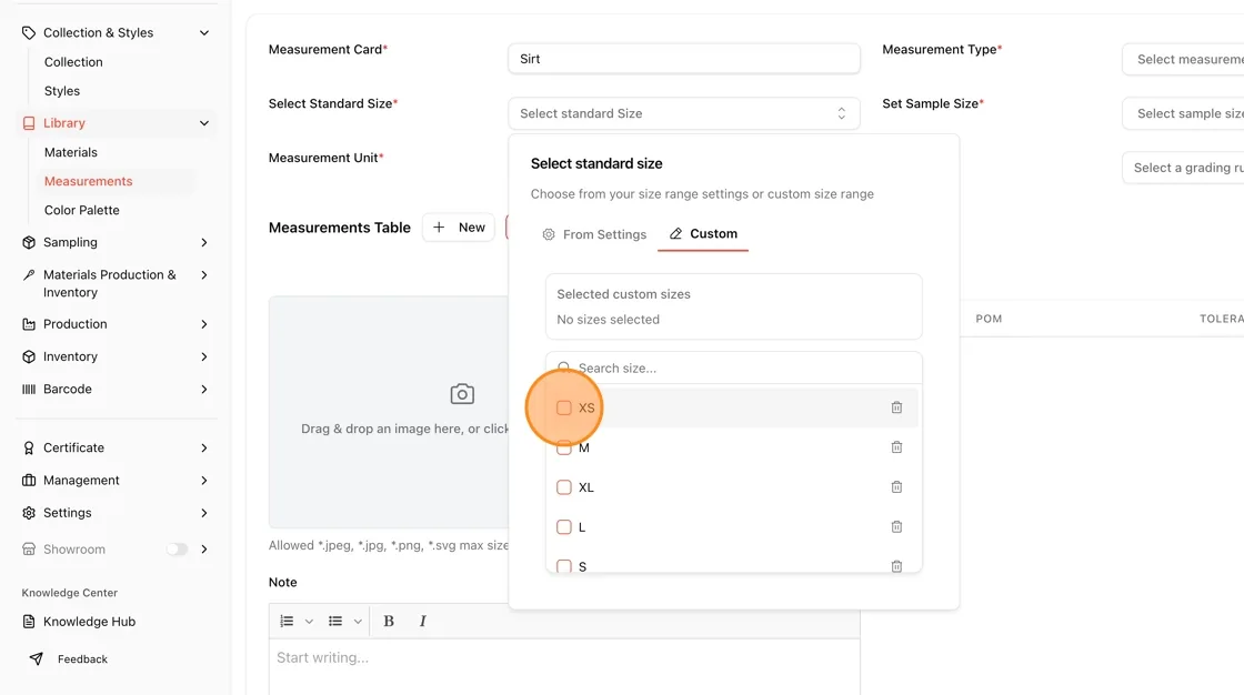 Note: You can search for a specific size using the "Search size..." input at the top of the dropdown.