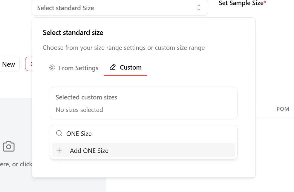 Note: You can search for a specific size using the "Search size..." input at the top of the dropdown.