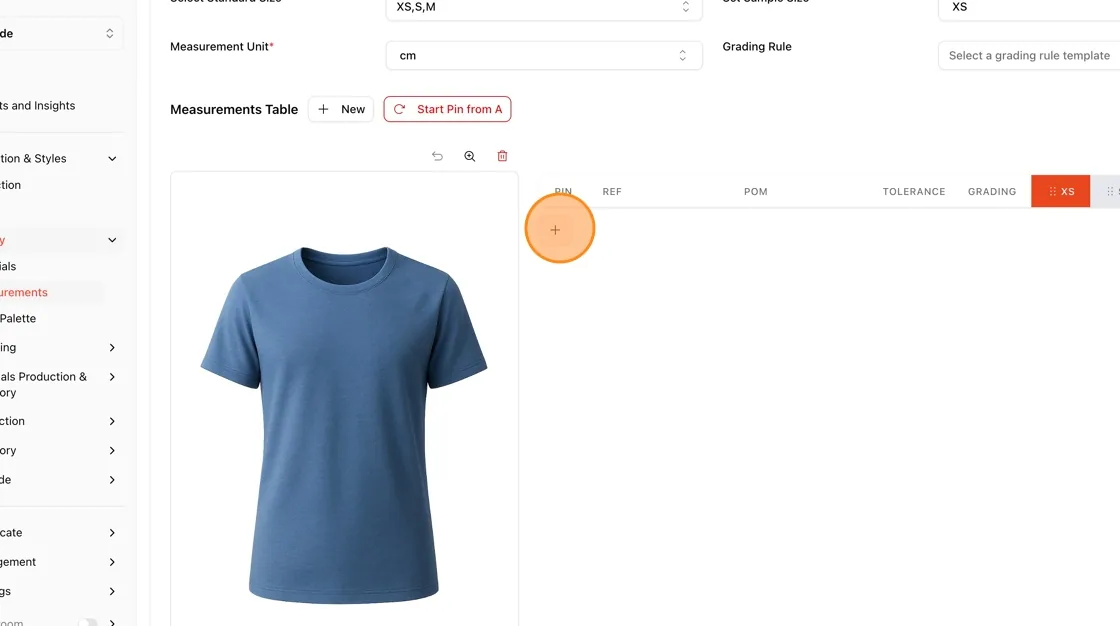 In the Measurements Table, click the "+" button to add a new measurement row.