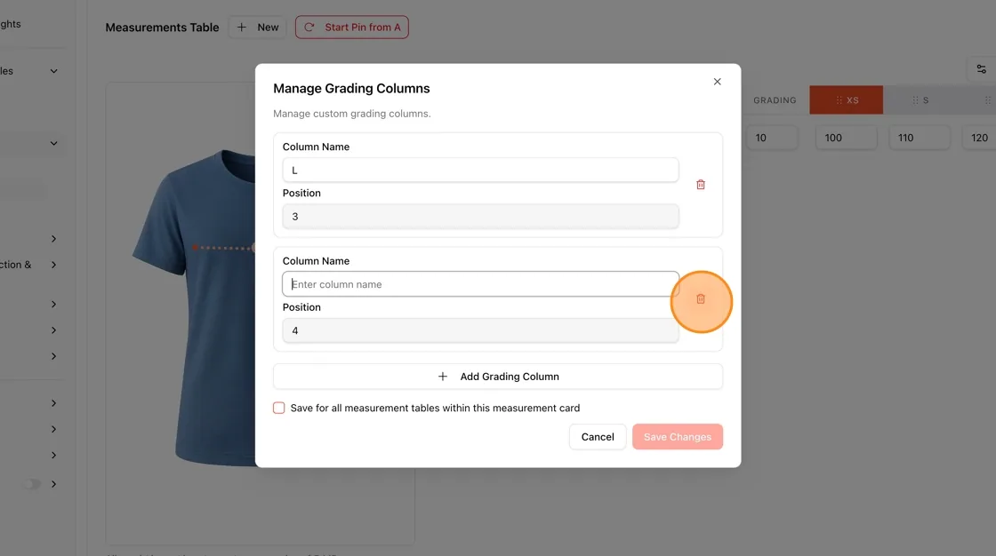 To remove a grading column entry before saving, click the red trash icon next to that column's form.