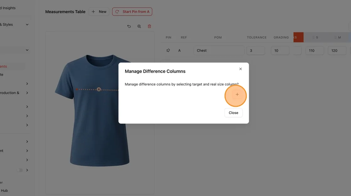 Click the "+" button inside the dialog to add a new difference column entry.
