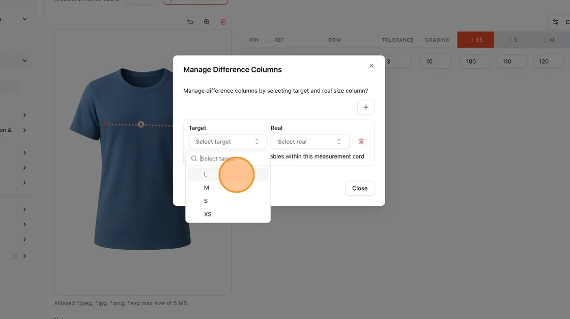 Click the "Target" dropdown and select the size column to use as the baseline (e.g., L, M, S, XS).
