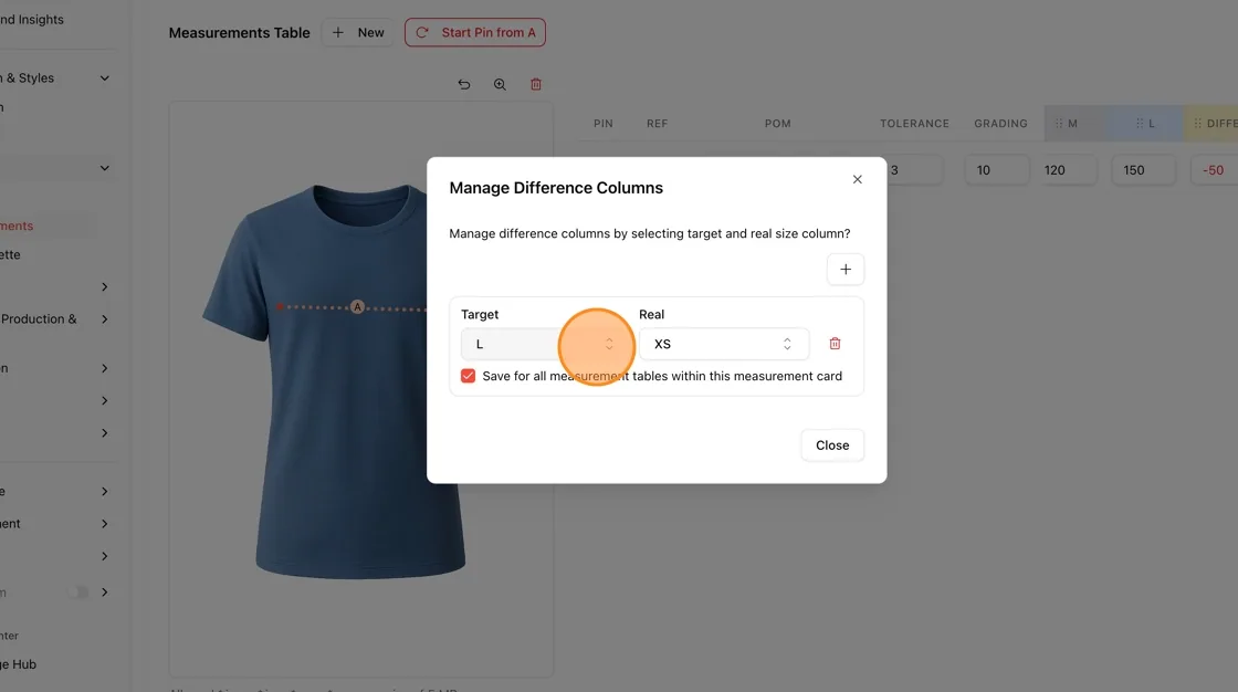 Note: The difference column will be named automatically based on your selections (e.g., "DIFFERENCE L-XS").