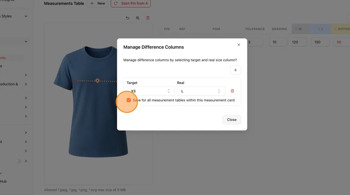 Optionally, check "Save for all measurement tables within this measurement card" to apply this difference column across all…