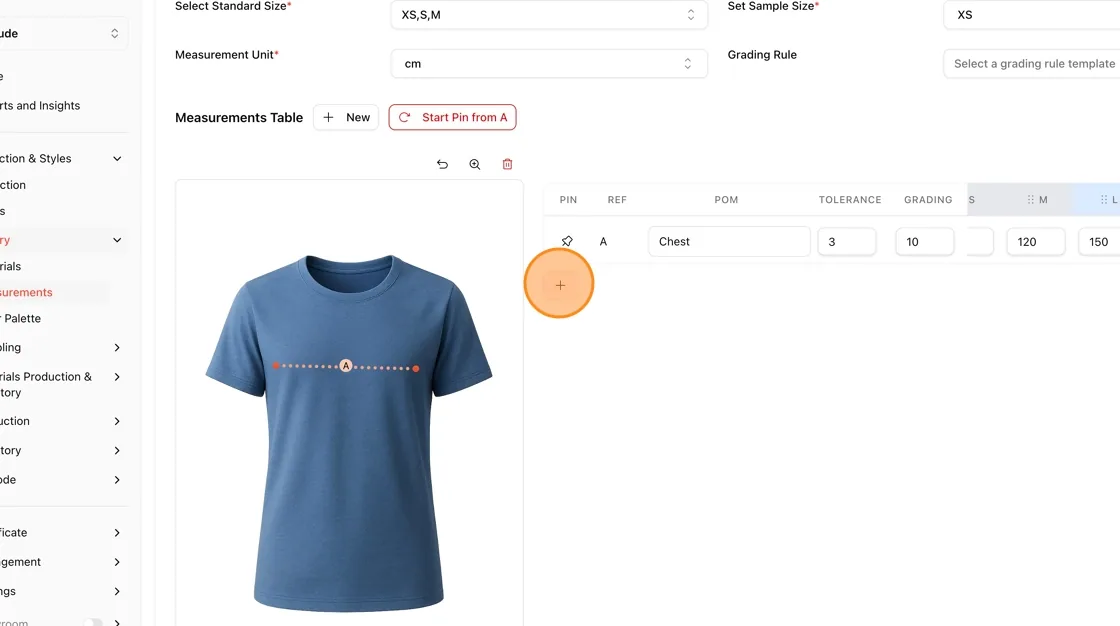 Click the + button below the last row in the Measurements Table to insert a new measurement entry.