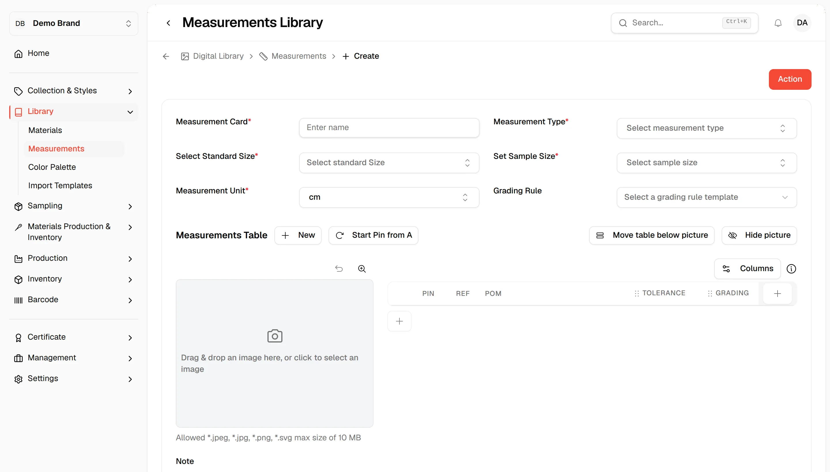 The empty Create measurement page with Measurement Card, Measurement Type, Standard Size, Sample Size, Unit and Grading Rule fields