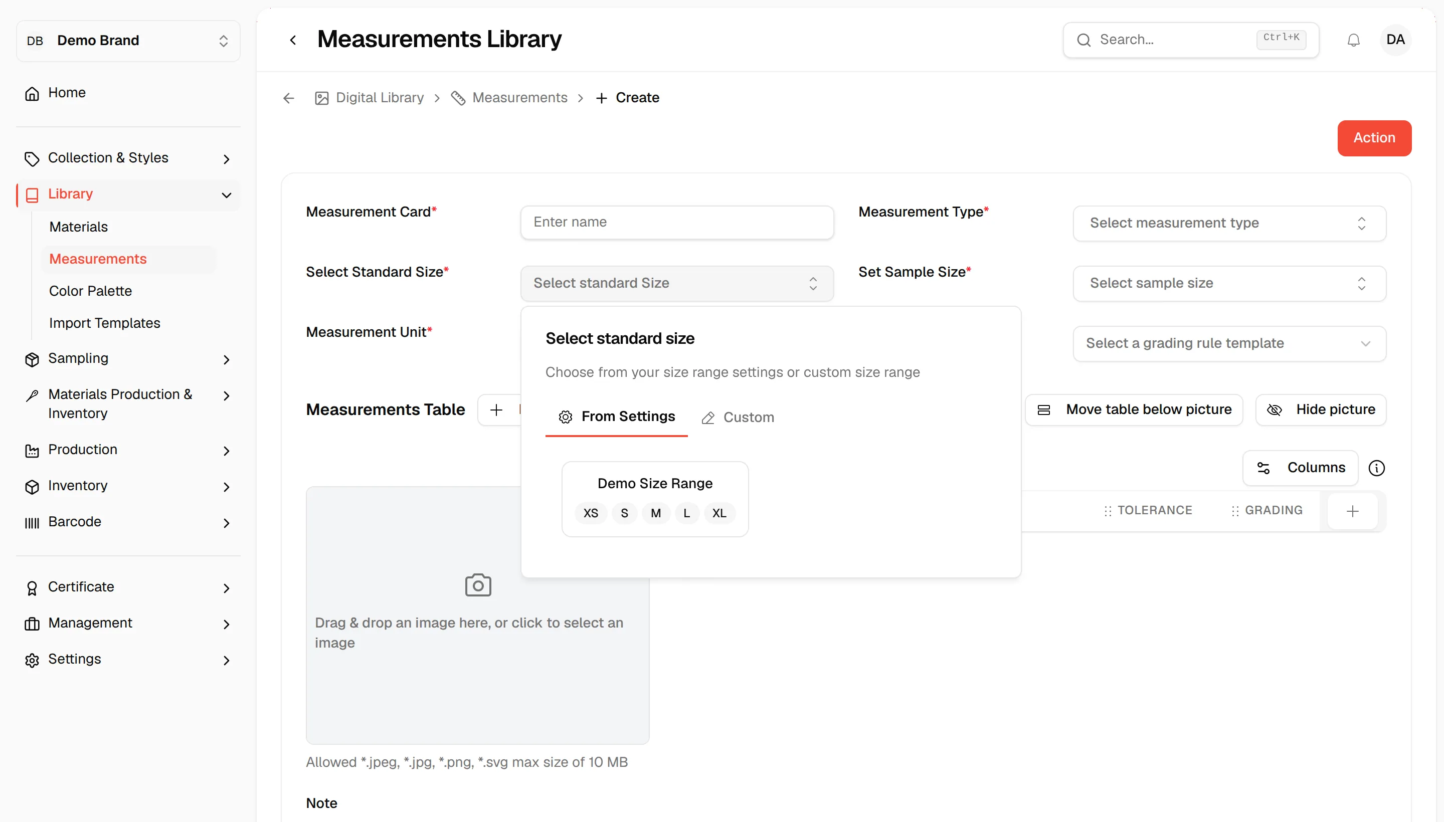 The Select standard size panel with the From Settings and Custom tabs and the Demo Size Range