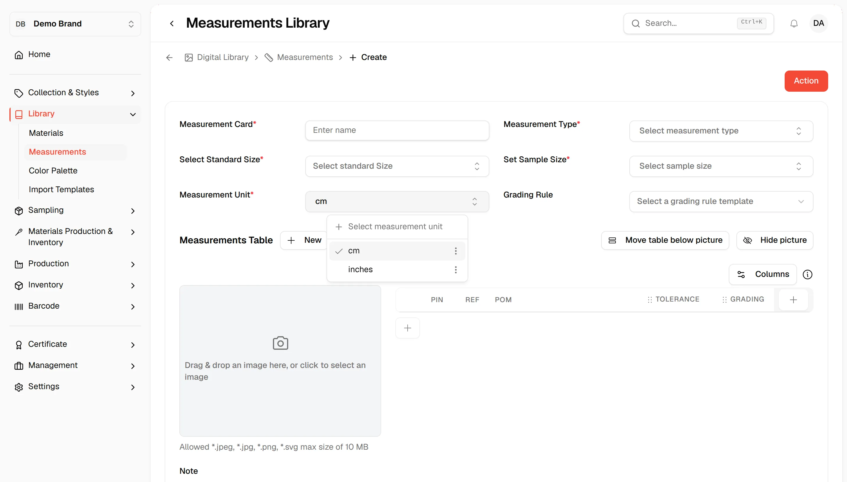 The Measurement Unit dropdown listing cm and inches