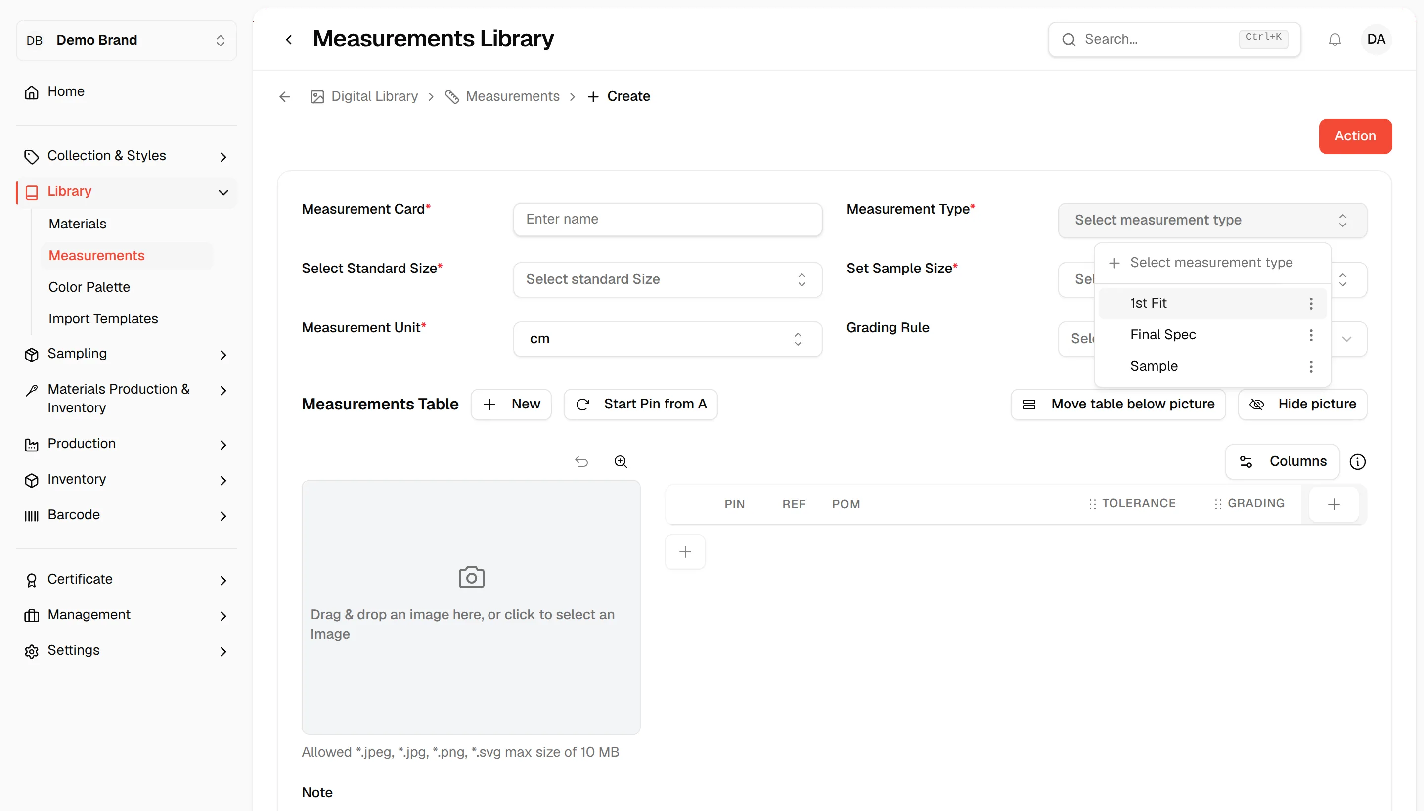 The Measurement Type dropdown listing the types from your settings